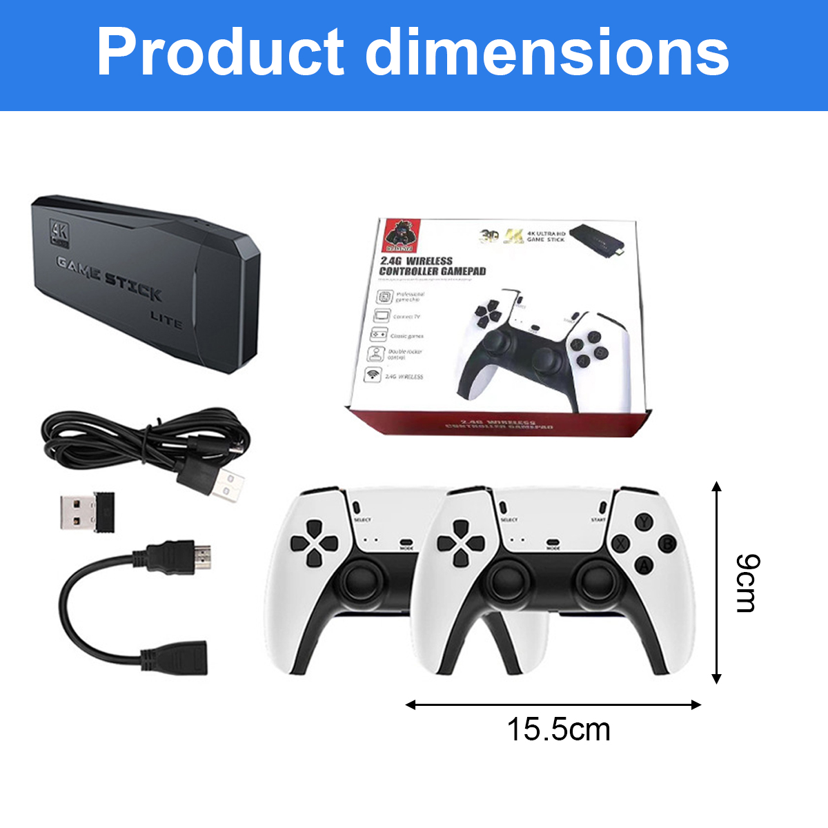 Produktabmessungen eines Game Sticks mit zwei weißen Controllern, Kabeln und Box.