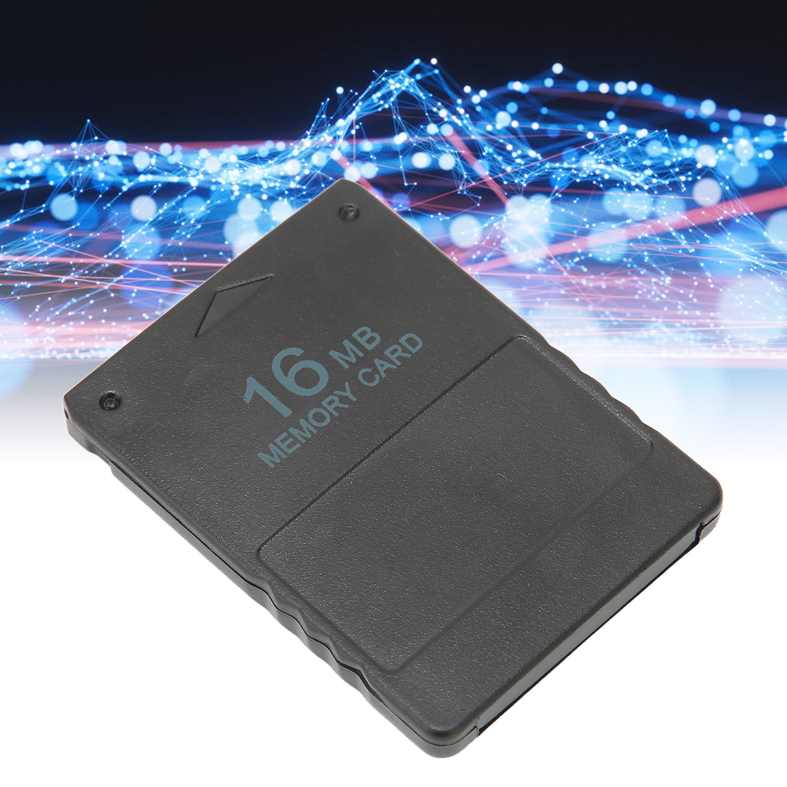 Eine schwarze 16MB Speicherkarte vor einem blau leuchtenden Hintergrund mit digitalen Mustern.