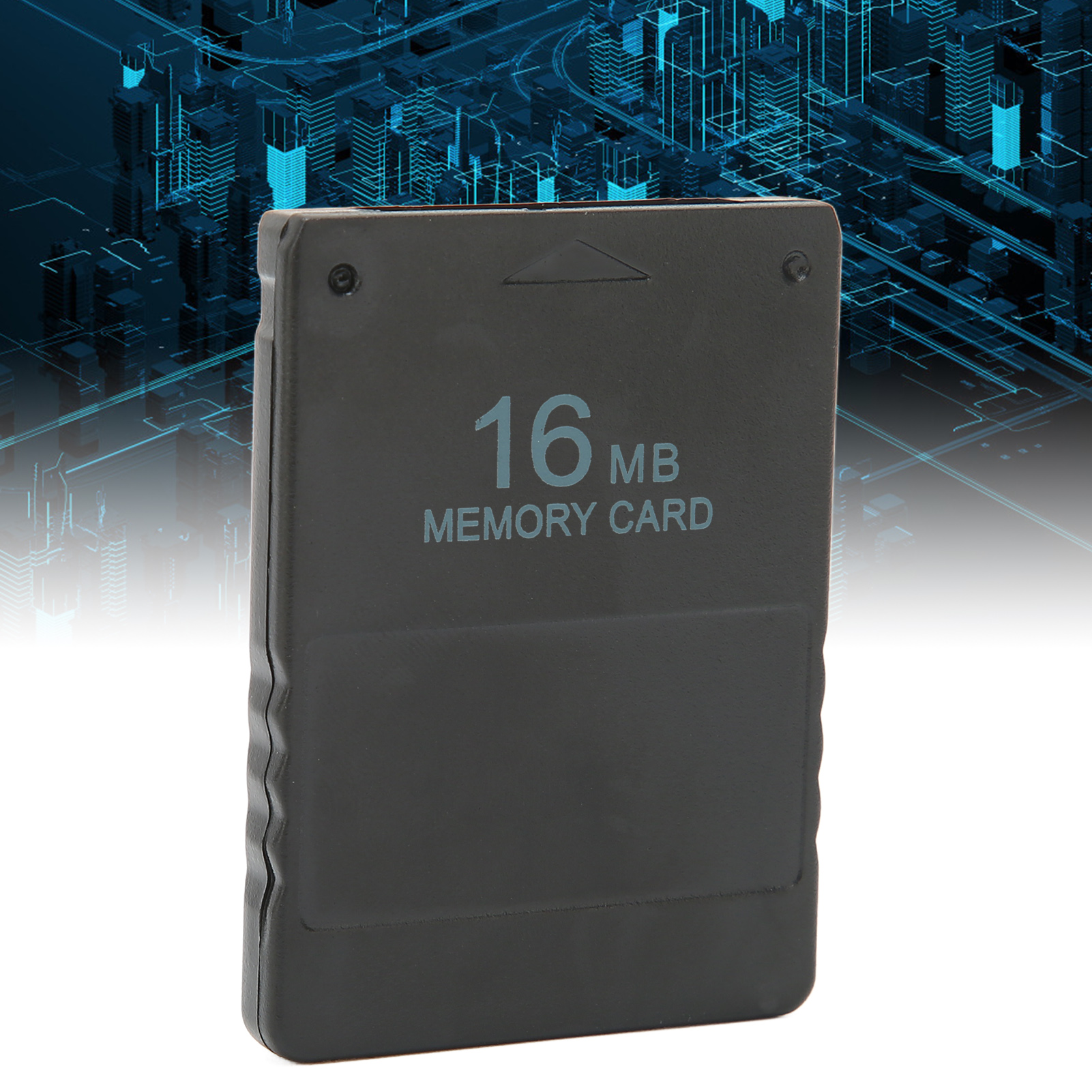 Eine schwarze 16MB Speicherkarte vor einem blauen, abstrakten Stadthintergrund.