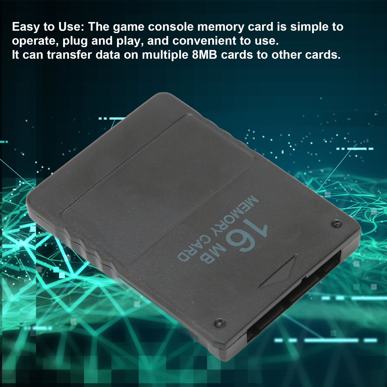 Eine schwarze 16MB Speicherkarte für Spielkonsolen vor einem grün leuchtenden Hintergrund.