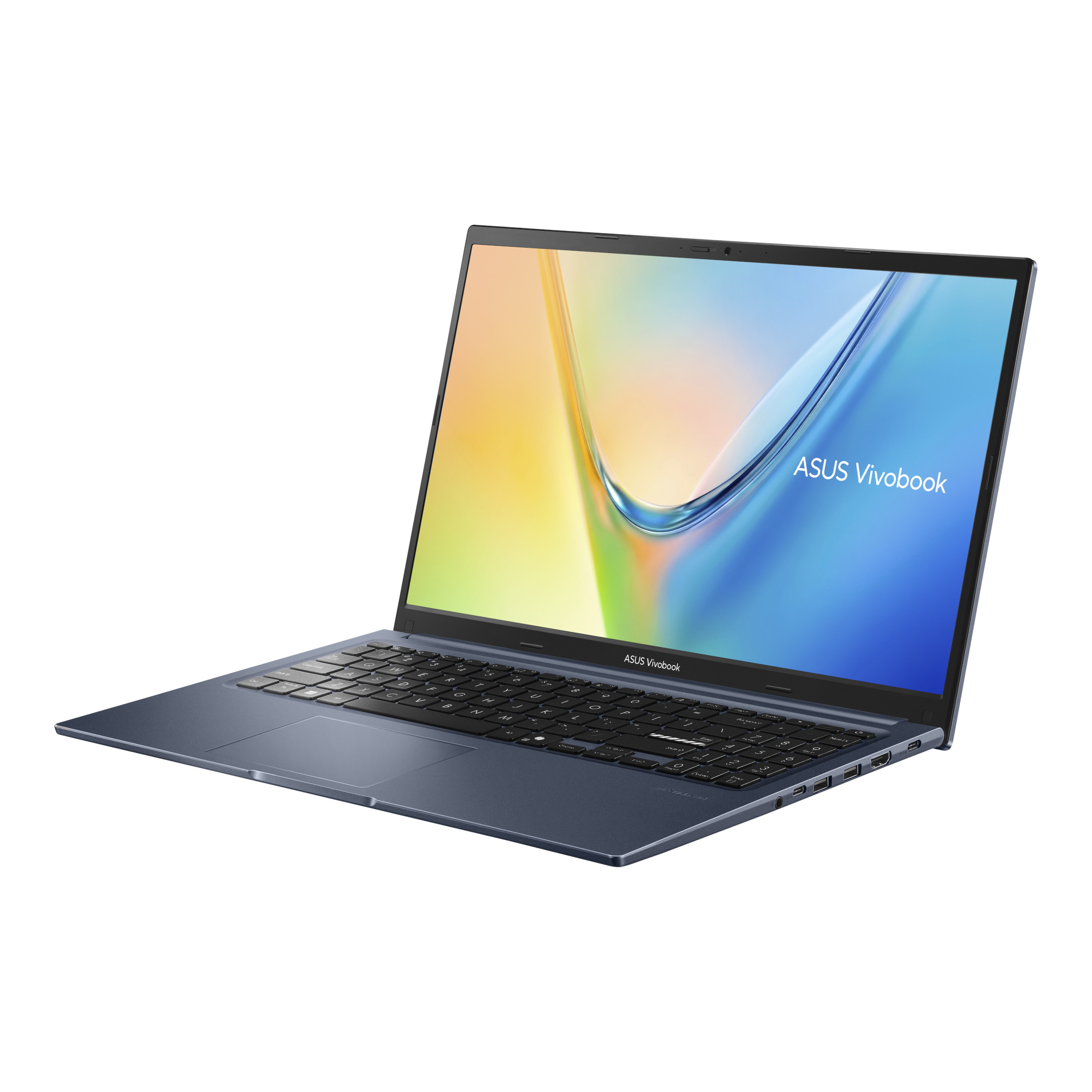 Ein blauer ASUS Vivobook Laptop, aufgeklappt mit buntem abstrakten Hintergrundbild, aus leichtem Blickwinkel.