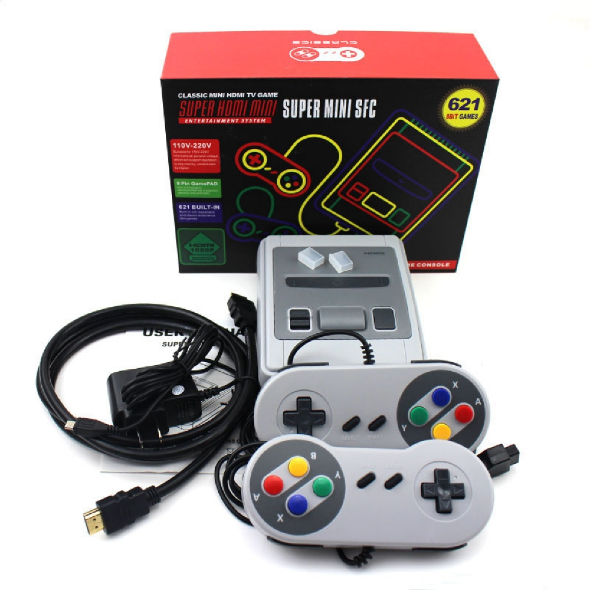 Eine Retro-Mini-Spielkonsole mit zwei Controllern, Kabeln und der Originalverpackung.