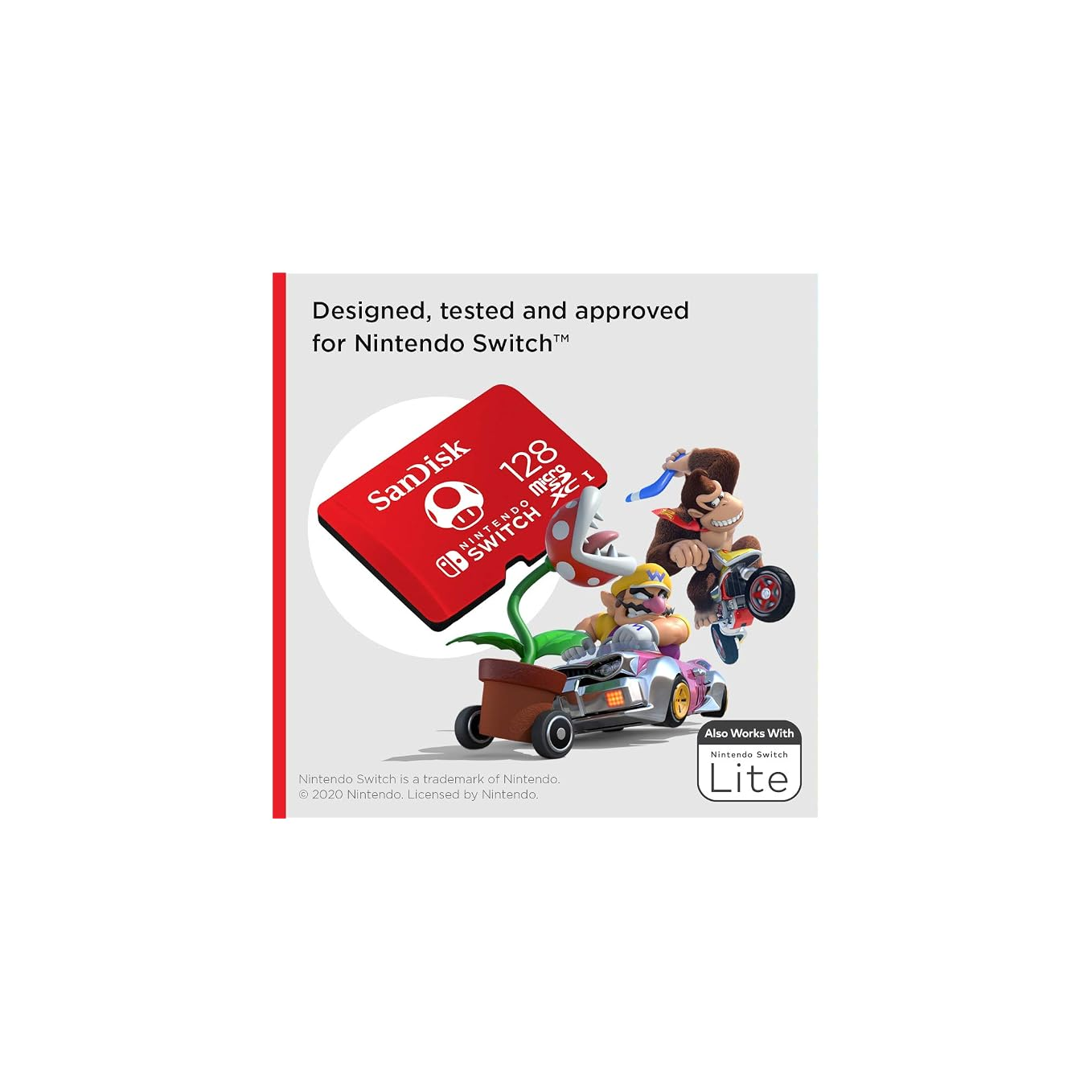 Eine rote SanDisk microSDXC-Karte für Nintendo Switch mit Mario-Charakteren wie Wario und Donkey Kong.