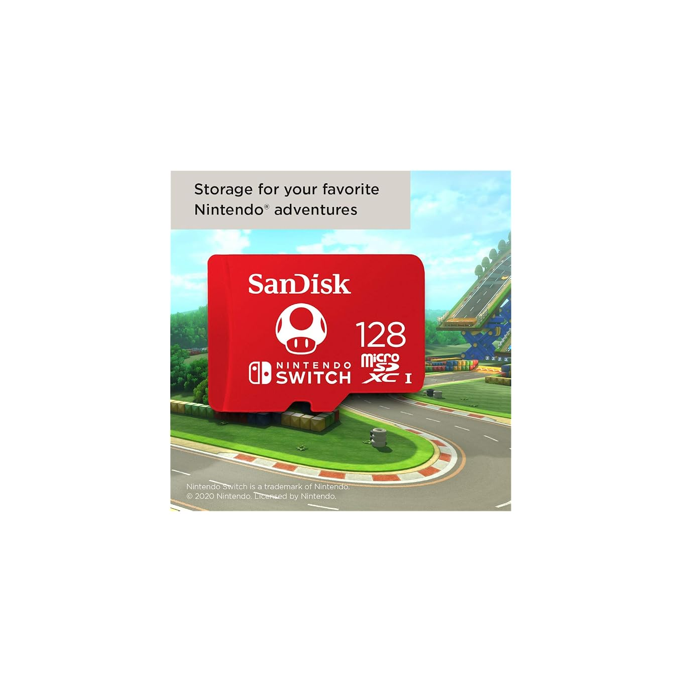 Rote SanDisk 128GB MicroSD-Speicherkarte für Nintendo Switch vor einer Rennstreckenlandschaft.