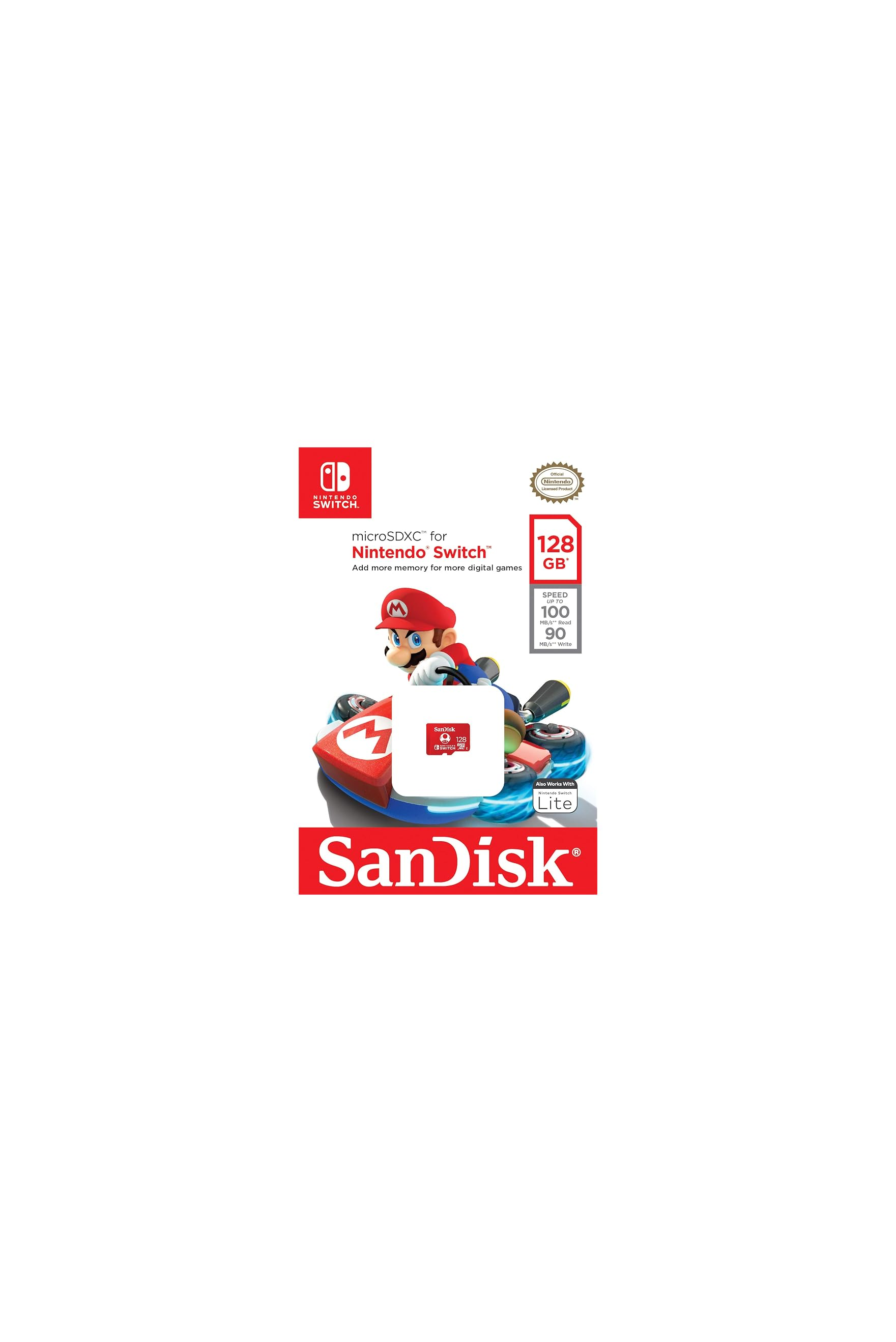 SanDisk 128GB microSDXC-Karte für Nintendo Switch mit Mario in einem Kart auf weißem Hintergrund.