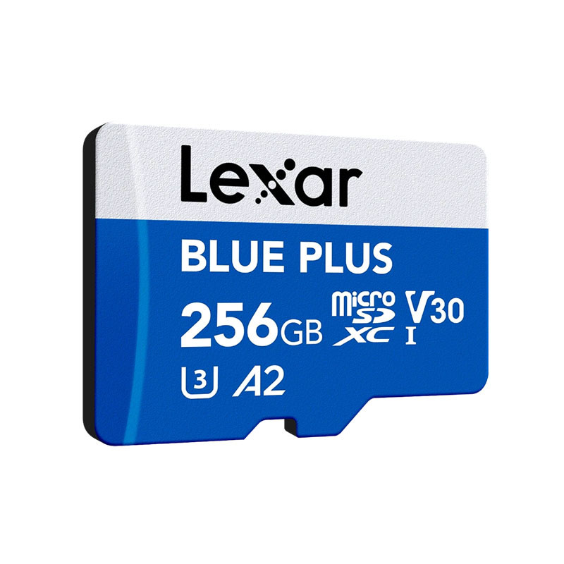 Blaue und weiße Lexar Blue Plus 256GB MicroSD-Speicherkarte.