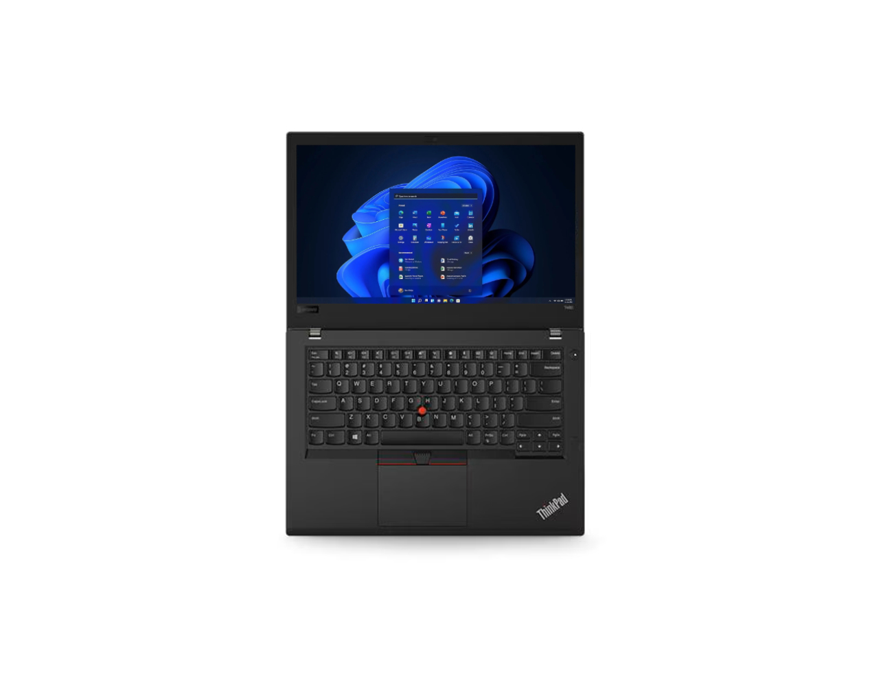 Ein schwarzer Lenovo ThinkPad Laptop mit geöffnetem Bildschirm und blauer Wallpaper-Anzeige.