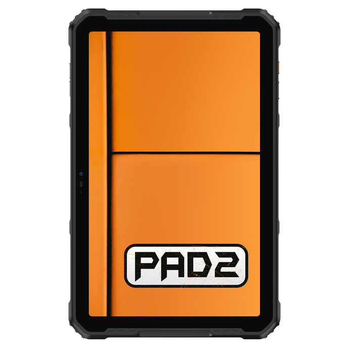 Wytrzymały czarny tablet z pomarańczową tapetą i napisem PAD2 w prawym dolnym rogu.