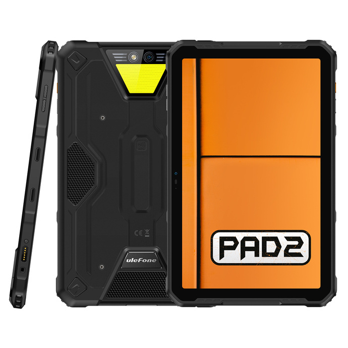 Trzy widoki wzmocnionego czarnego tabletu Ulefone Pad 2 z pomarańczowym ekranem i żółtymi akcentami.