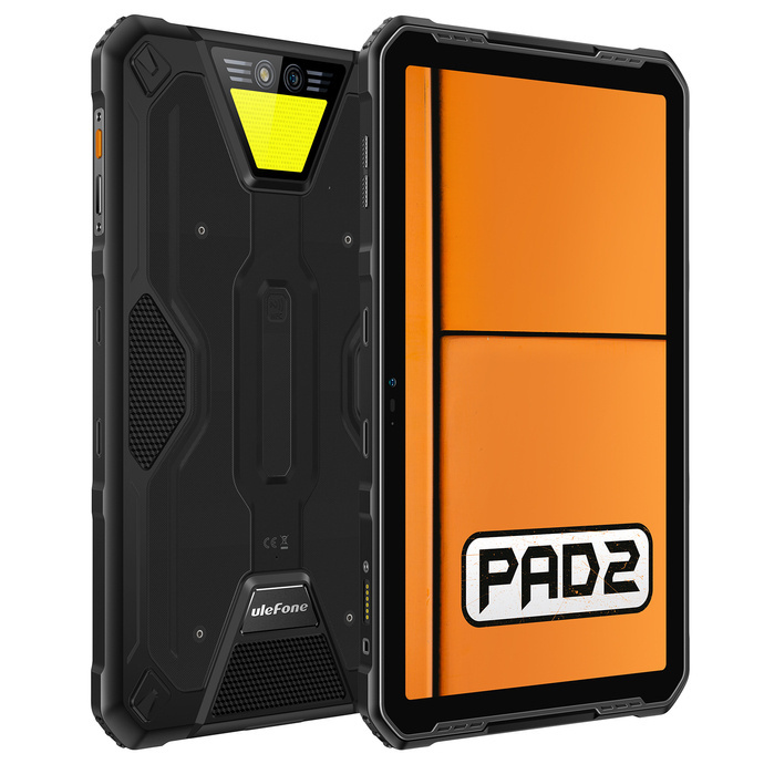 Tył i przód wytrzymałego czarnego tabletu Ulefone Armor Pad 2 z jasnożółtym akcentem i pomarańczowym ekranem.