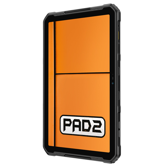 Wytrzymały czarny tablet z pomarańczowym ekranem i napisem PAD2.