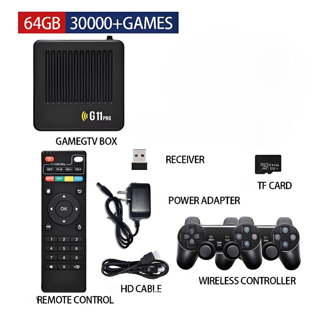 Eine G11 Pro Game TV Box mit 64GB, Fernbedienung, Empfänger, TF-Karte, Netzteil, HD-Kabel und zwei Wireless-Controllern.