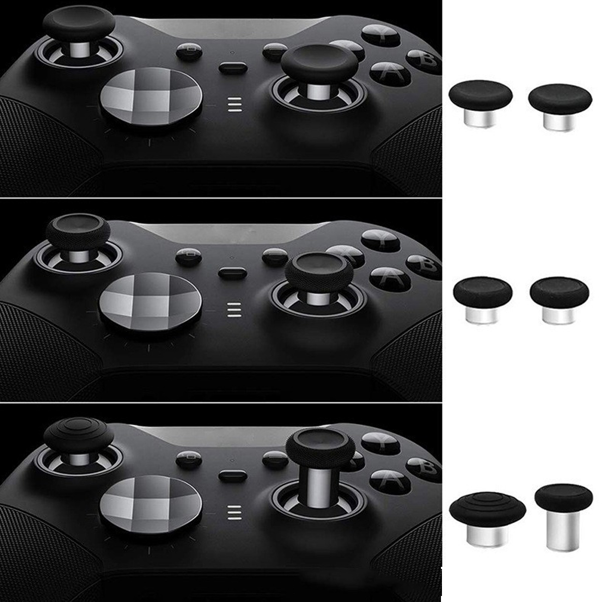 Drei schwarze Xbox-Controller mit austauschbaren, verschieden geformten analogen Sticks und Paddeln daneben.