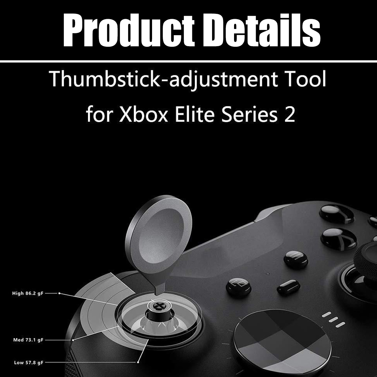 Produktdetails für das Xbox Elite Series 2 Stick-Einstellwerkzeug vor schwarzem Hintergrund.