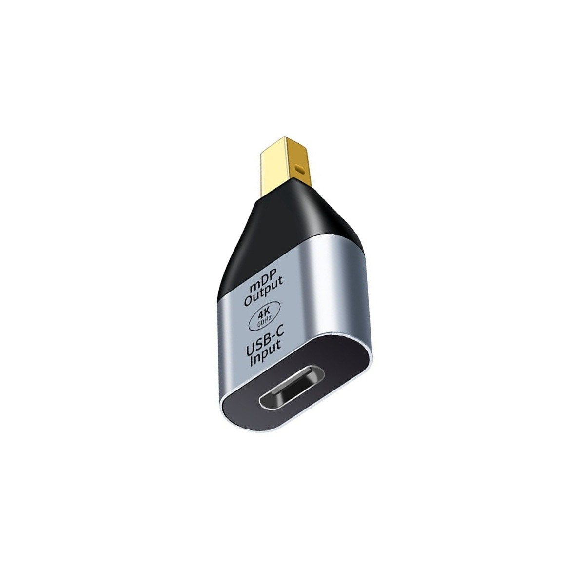 Ein silberner und schwarzer USB-C auf Mini DisplayPort Adapter mit goldenem Anschluss.