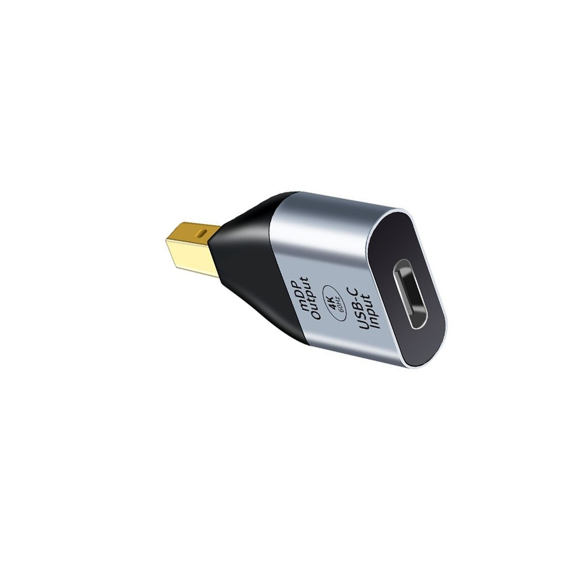 Ein silber-schwarzer Mini DisplayPort auf USB-C Adapter mit goldenem Anschluss gegen weißen Hintergrund.