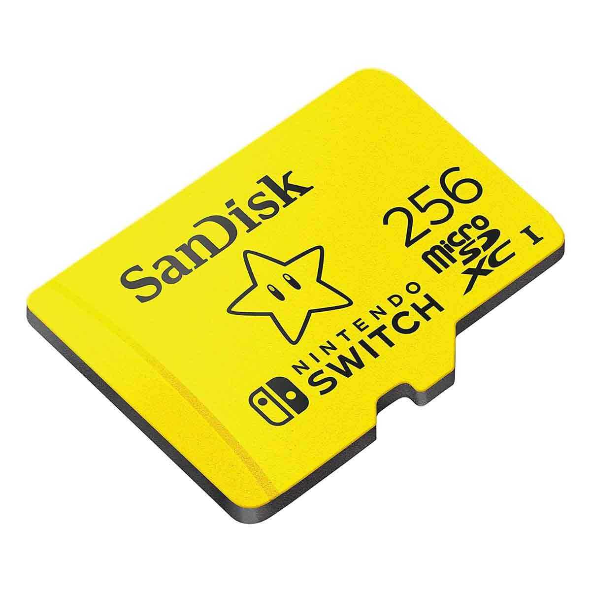 Eine gelbe SanDisk microSD-Karte mit 256GB Speicherkapazität und einem Super Mario Stern für Nintendo Switch.