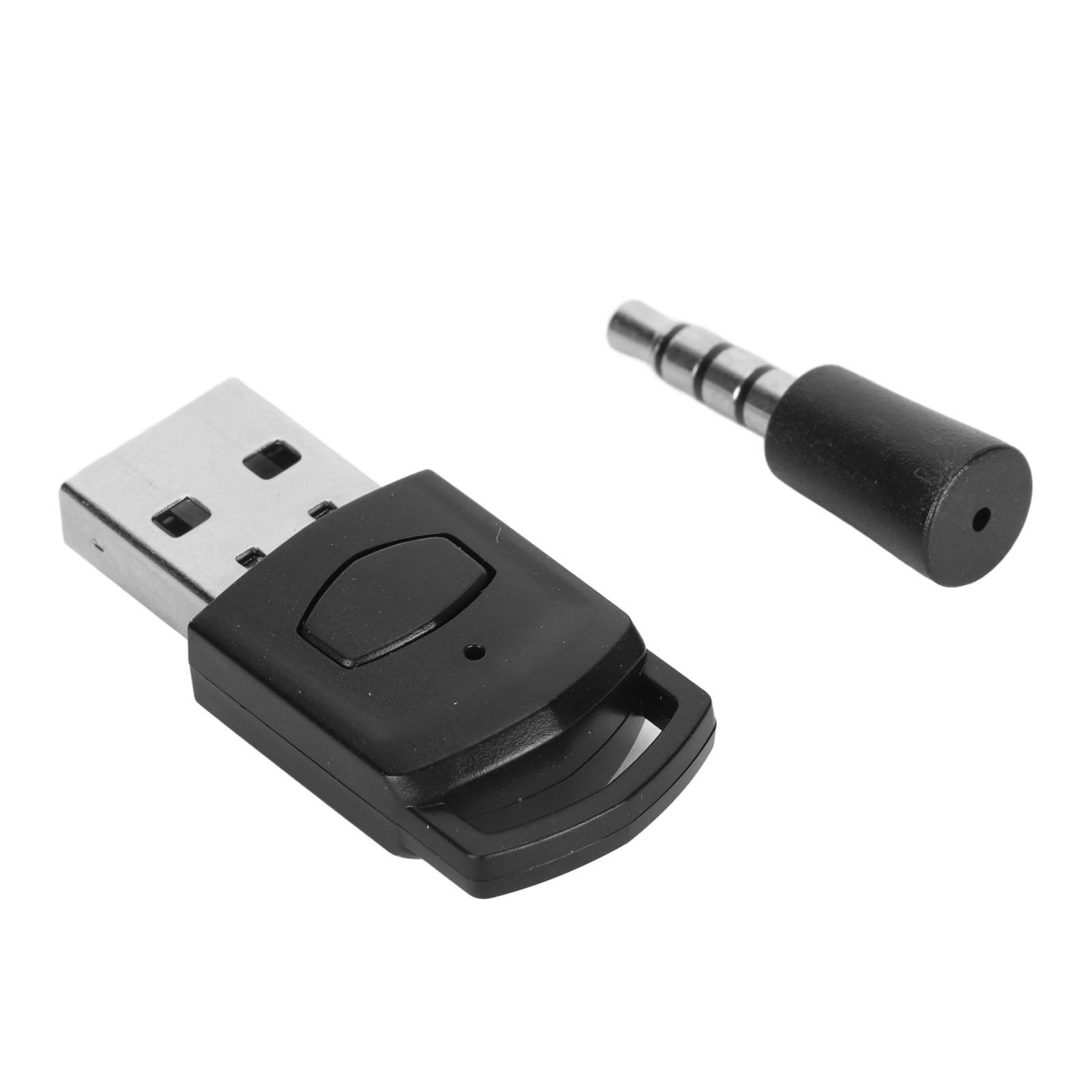 Ein schwarzes USB-Gerät und ein Audio-Klinkenstecker auf weißem Hintergrund.