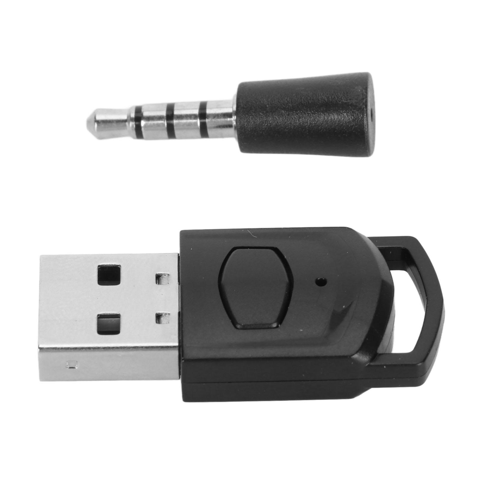 Ein schwarzer USB-Stick mit Metallanschluss und ein separater schwarzer Kopfhörer-Klinkenstecker auf weißem Grund.