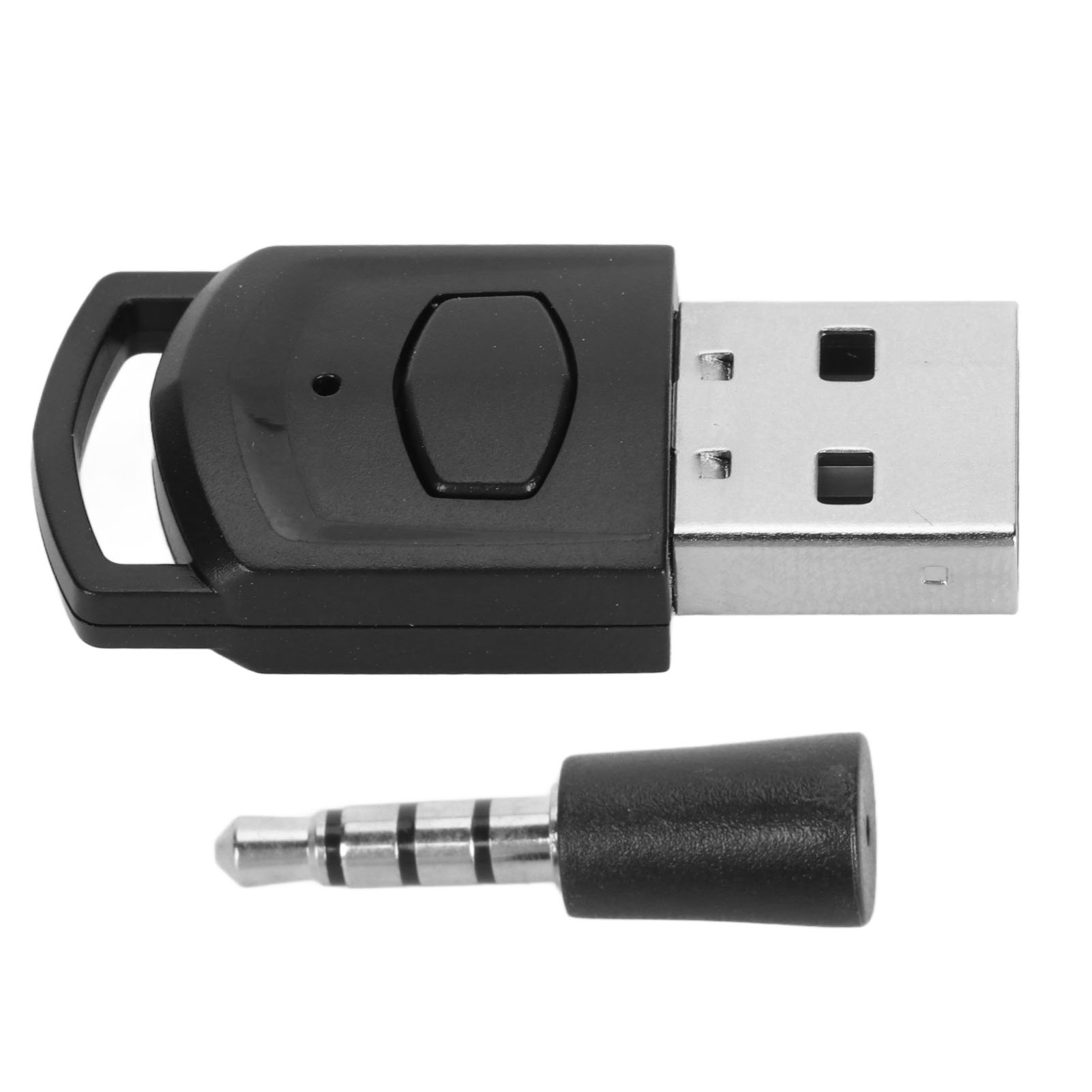Ein schwarzer USB-Adapter mit Öse und ein separater silberner Klinkenstecker mit schwarzem Sockel auf weißem Grund.