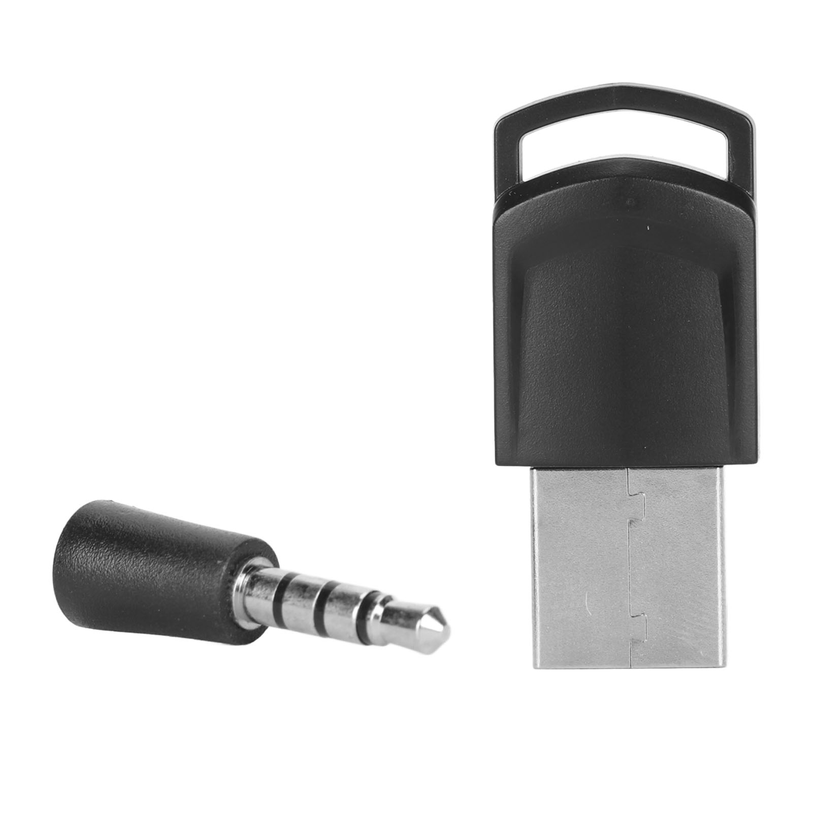 Eine schwarze 3,5-mm-Klinkenbuchse liegt neben einem schwarzen USB-Empfänger auf weißem Grund.