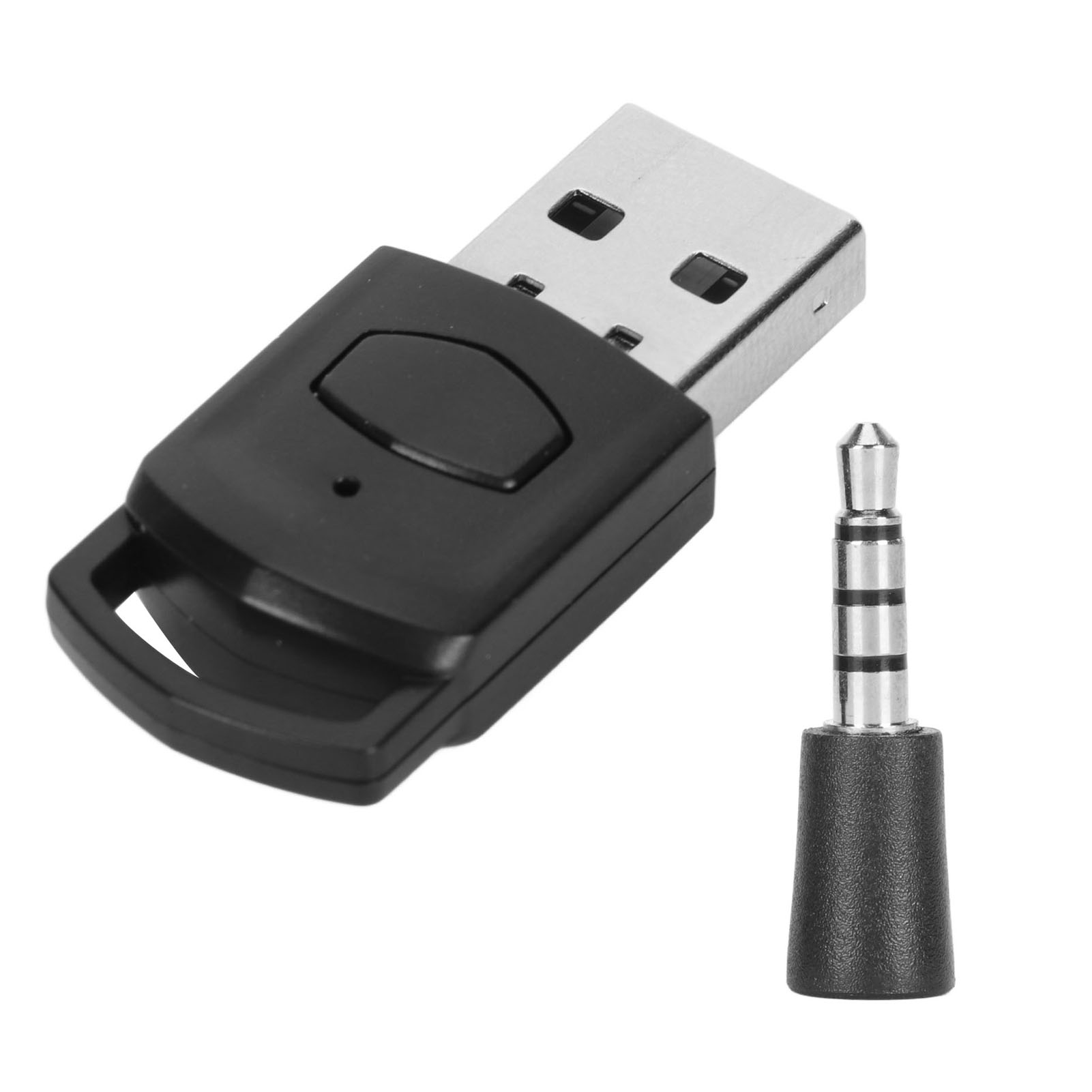 Ein schwarzer USB-Stick und ein silberner Klinkenstecker mit schwarzem Griff liegen auf weißem Grund.