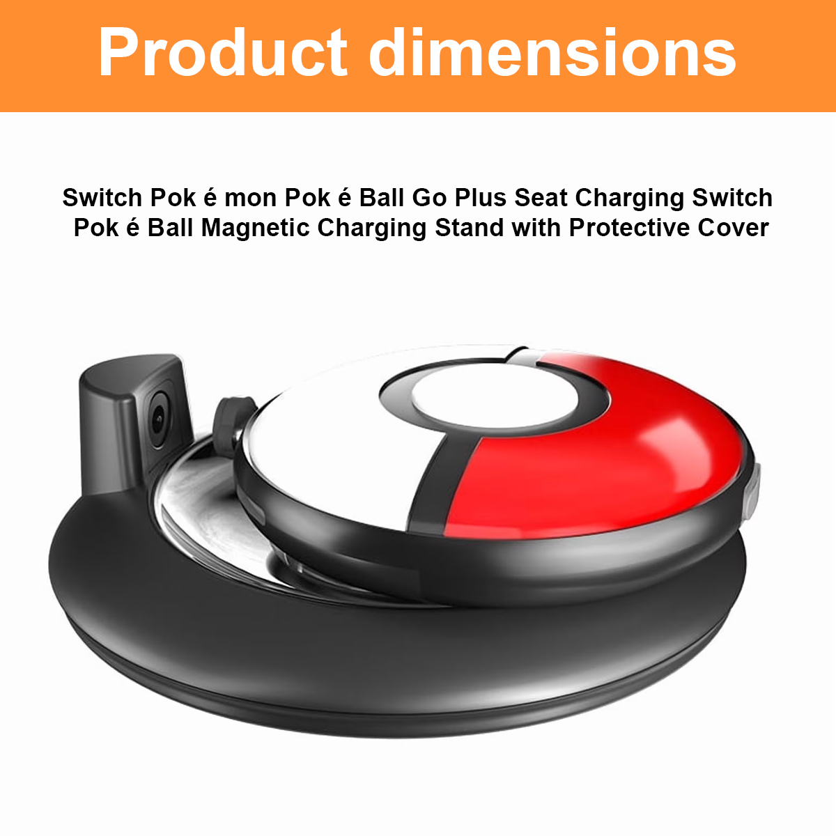 Produktabmessungen einer Poke Ball Go Plus Ladestation mit Schutzhülle.