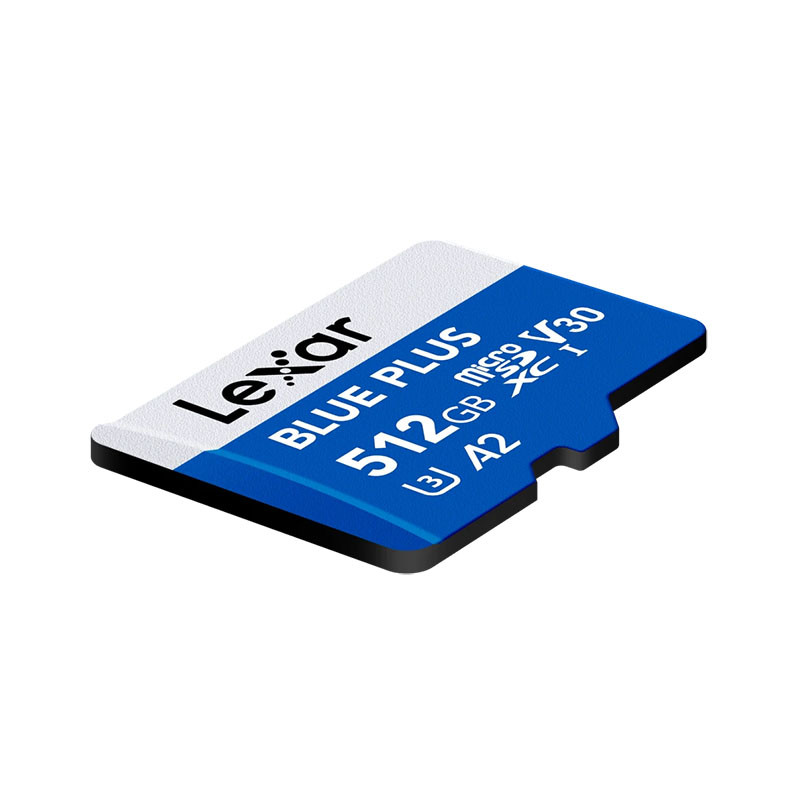 Eine blaue Lexar Blue Plus 512GB MicroSD-Speicherkarte auf weißem Hintergrund.