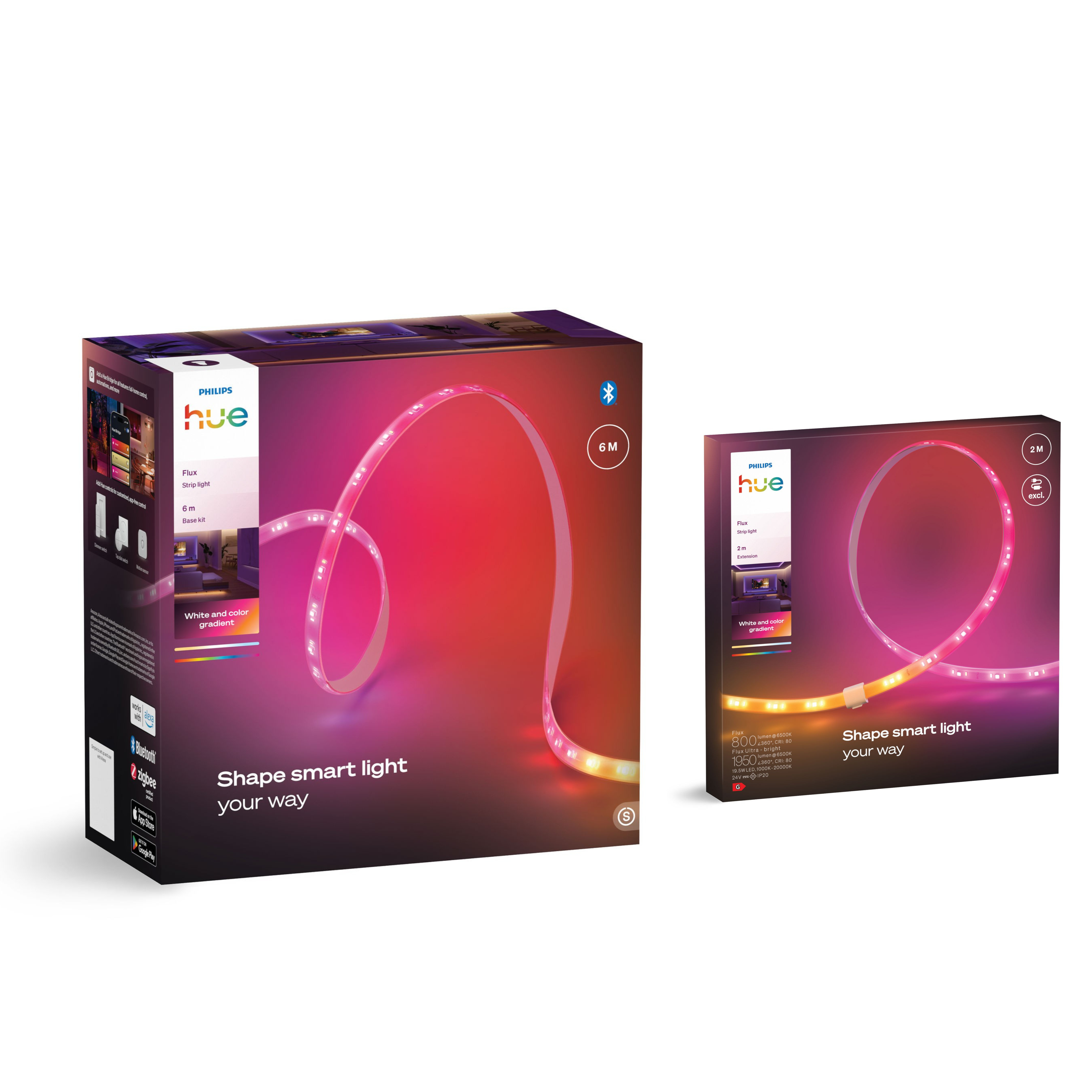 Confezione di strisce luminose Philips Hue con LED curvi e cangianti su sfondo bianco.