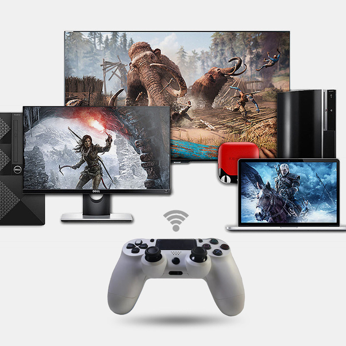 Ein weißer Gamecontroller verbindet sich drahtlos mit verschiedenen Bildschirmen, die verschiedene Videospiele zeigen.
