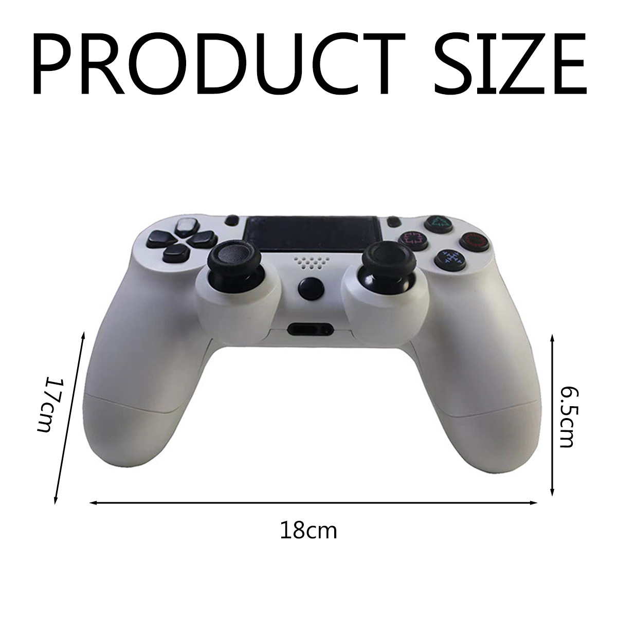 Weißer Gamecontroller mit Maßen von 18 cm Breite, 17 cm Höhe und 6.5 cm Tiefe.