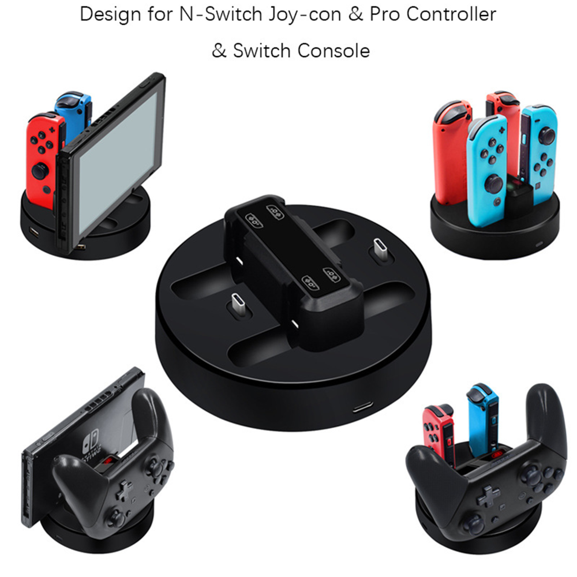 Schwarze Ladestation für Nintendo Switch Konsole und Controller.