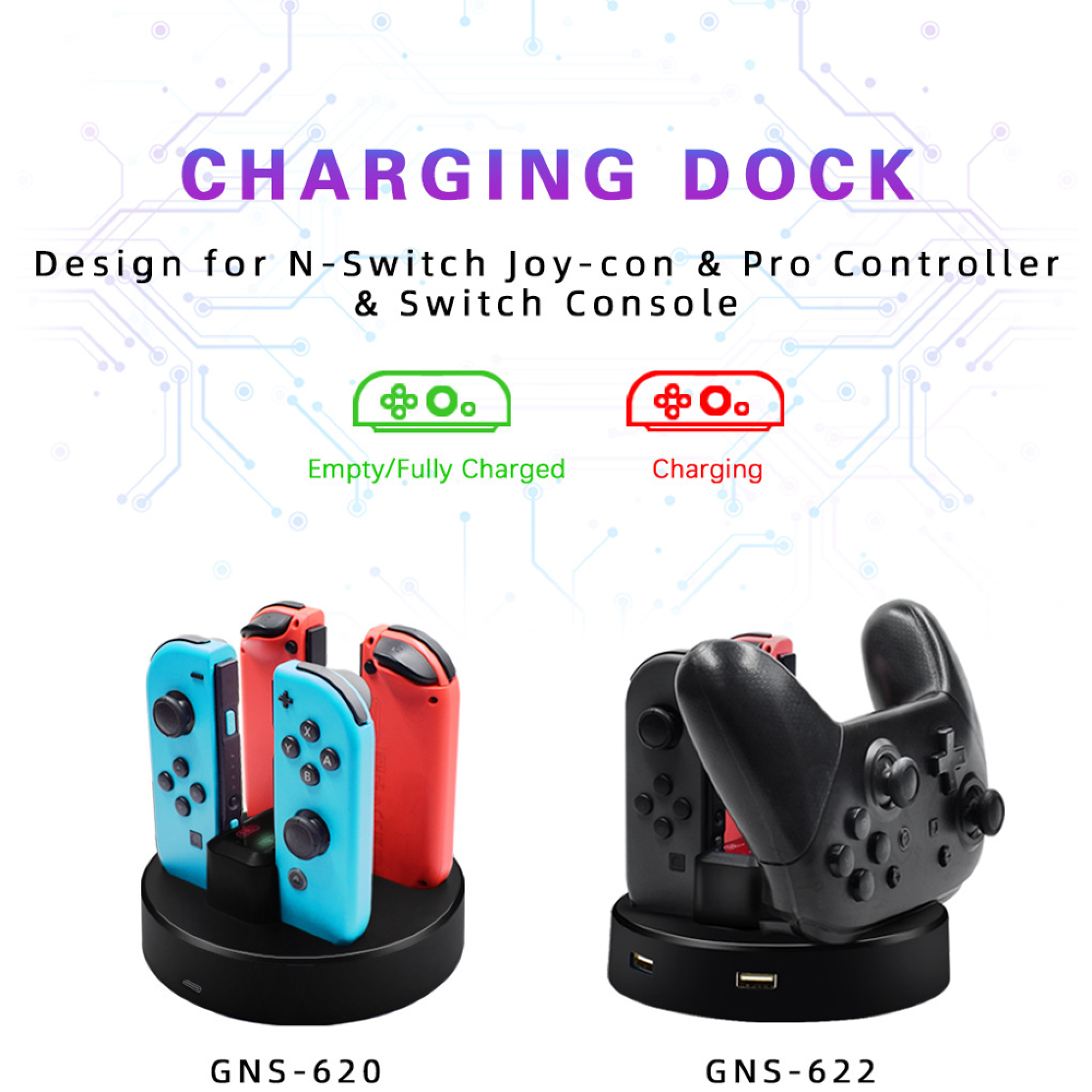 Ladestation für Switch Joy-Cons und Pro Controller, Modelle GNS-620 und GNS-622 mit Statusleuchten.