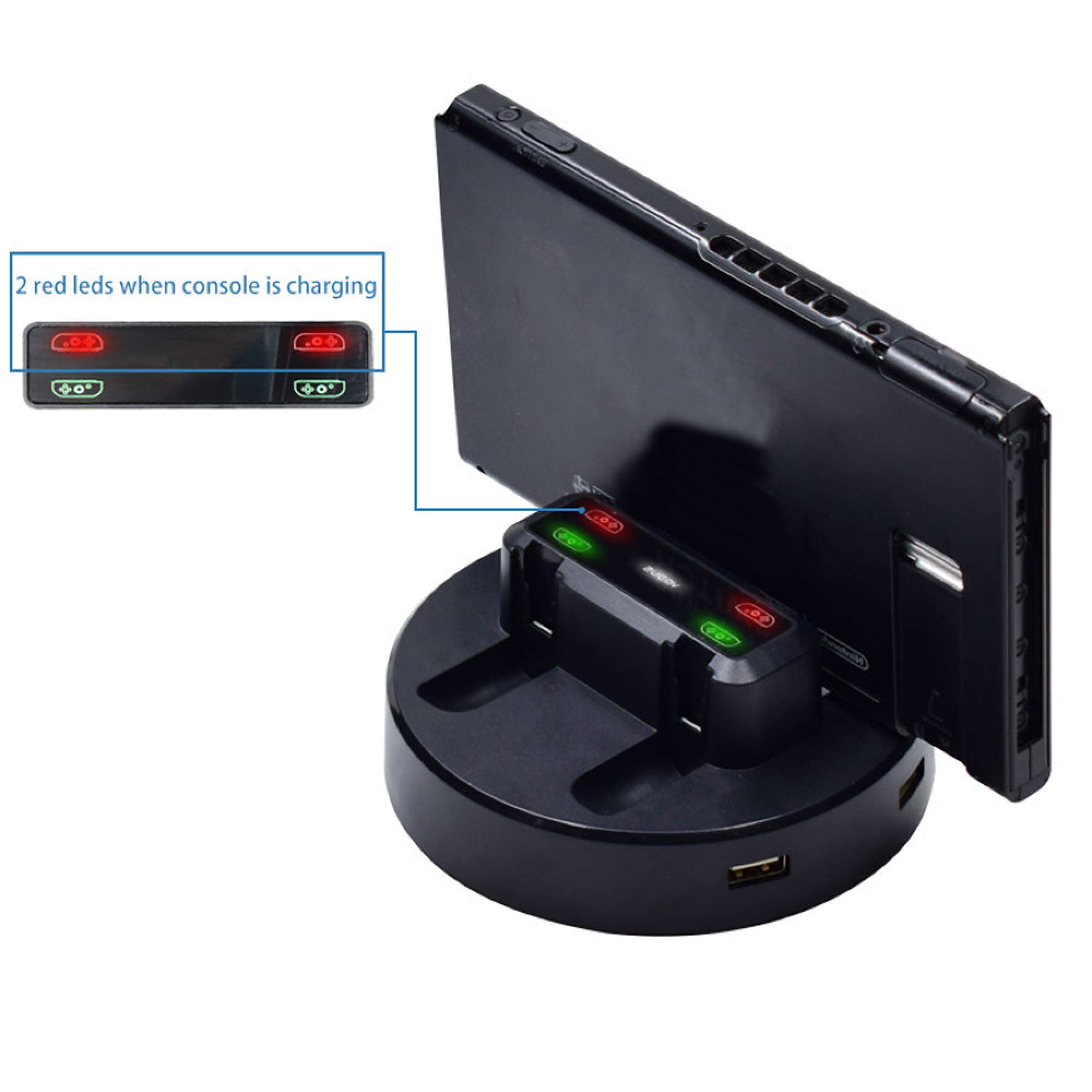 Schwarze Spielkonsole in einer runden Ladestation mit Status-LEDs, Detailansicht zeigt rote LEDs beim Laden.