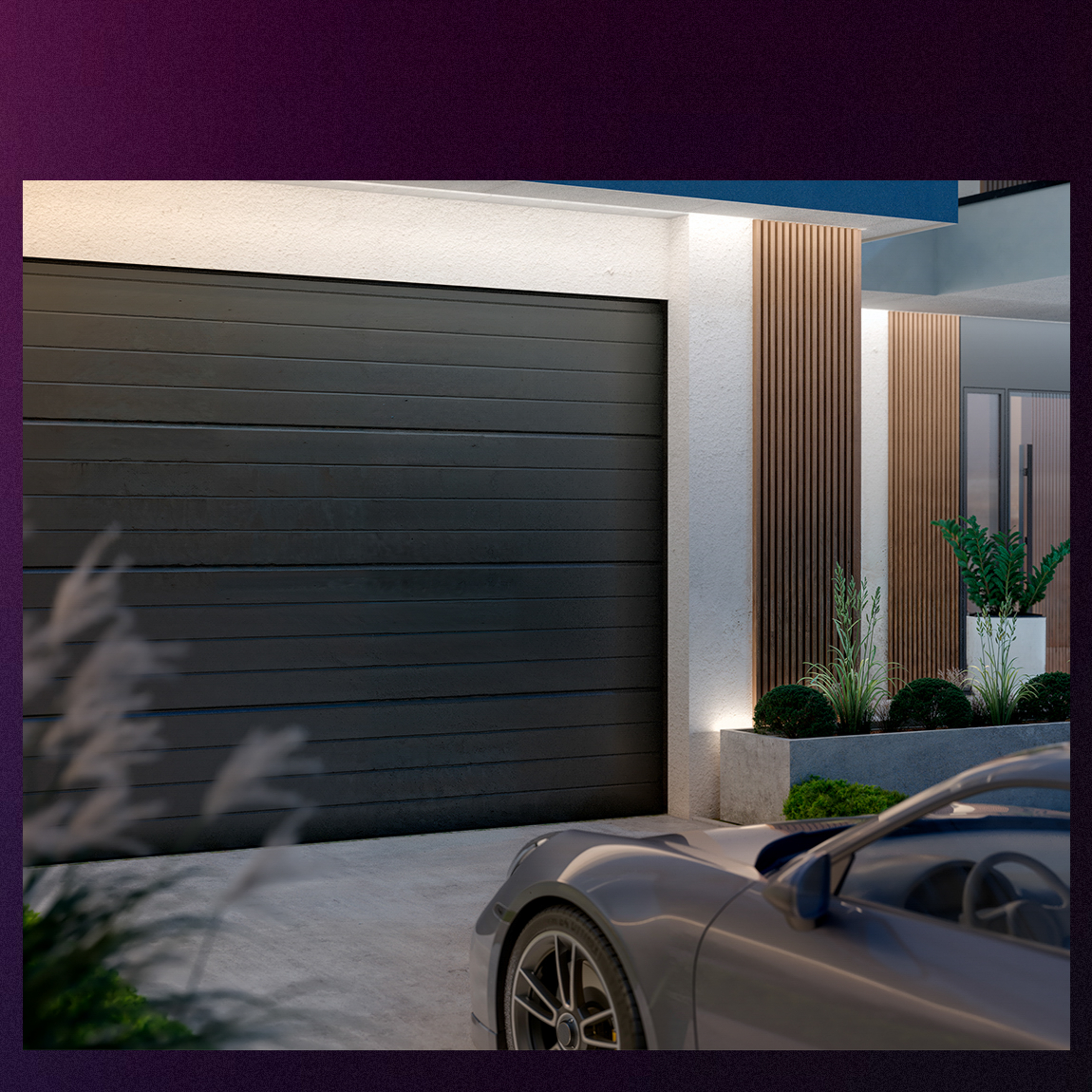Facciata moderna con grande porta del garage nera, inserti in legno e auto sportiva parcheggiata.