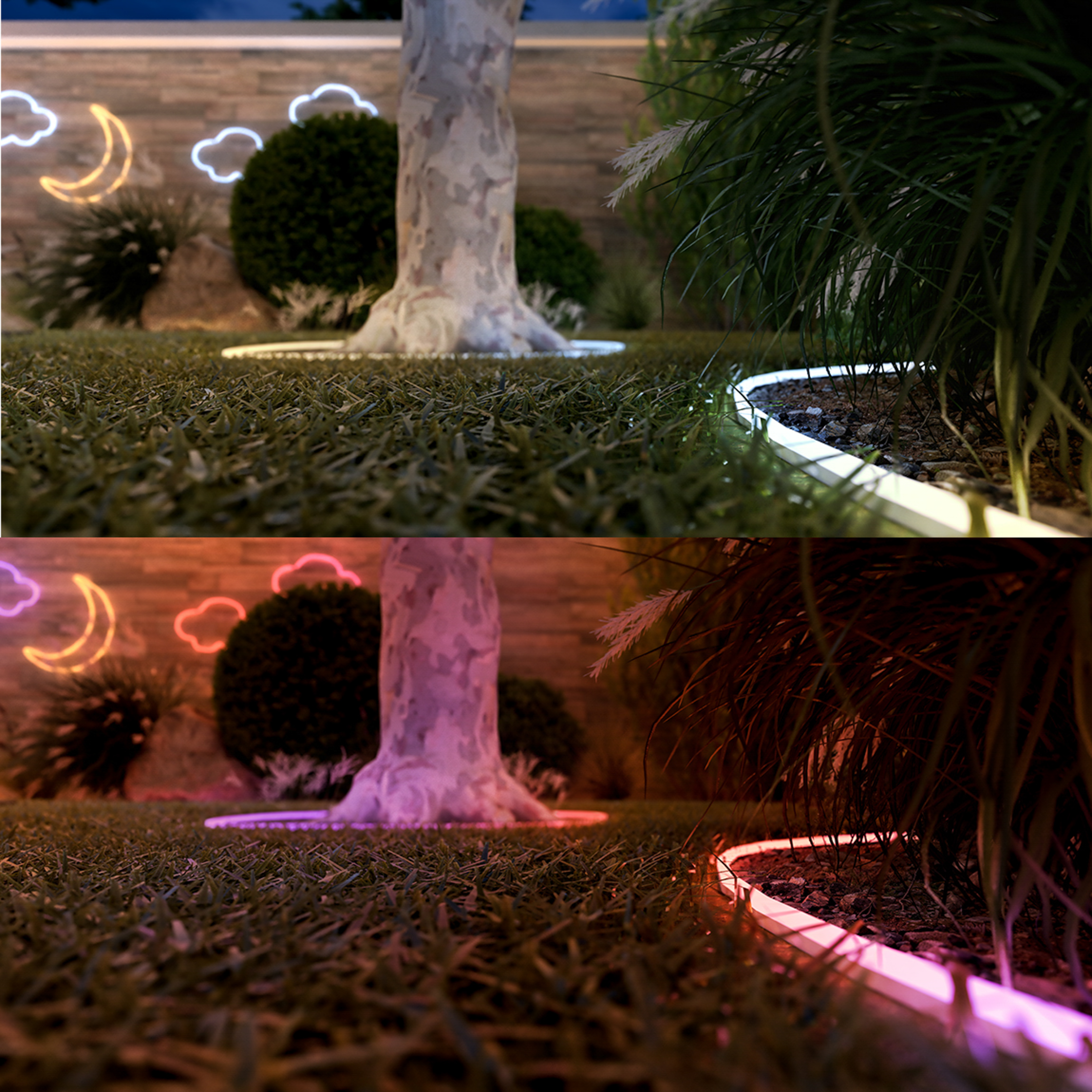 Un giardino notturno con piante illuminate, alberi e colorate decorazioni murali al neon.