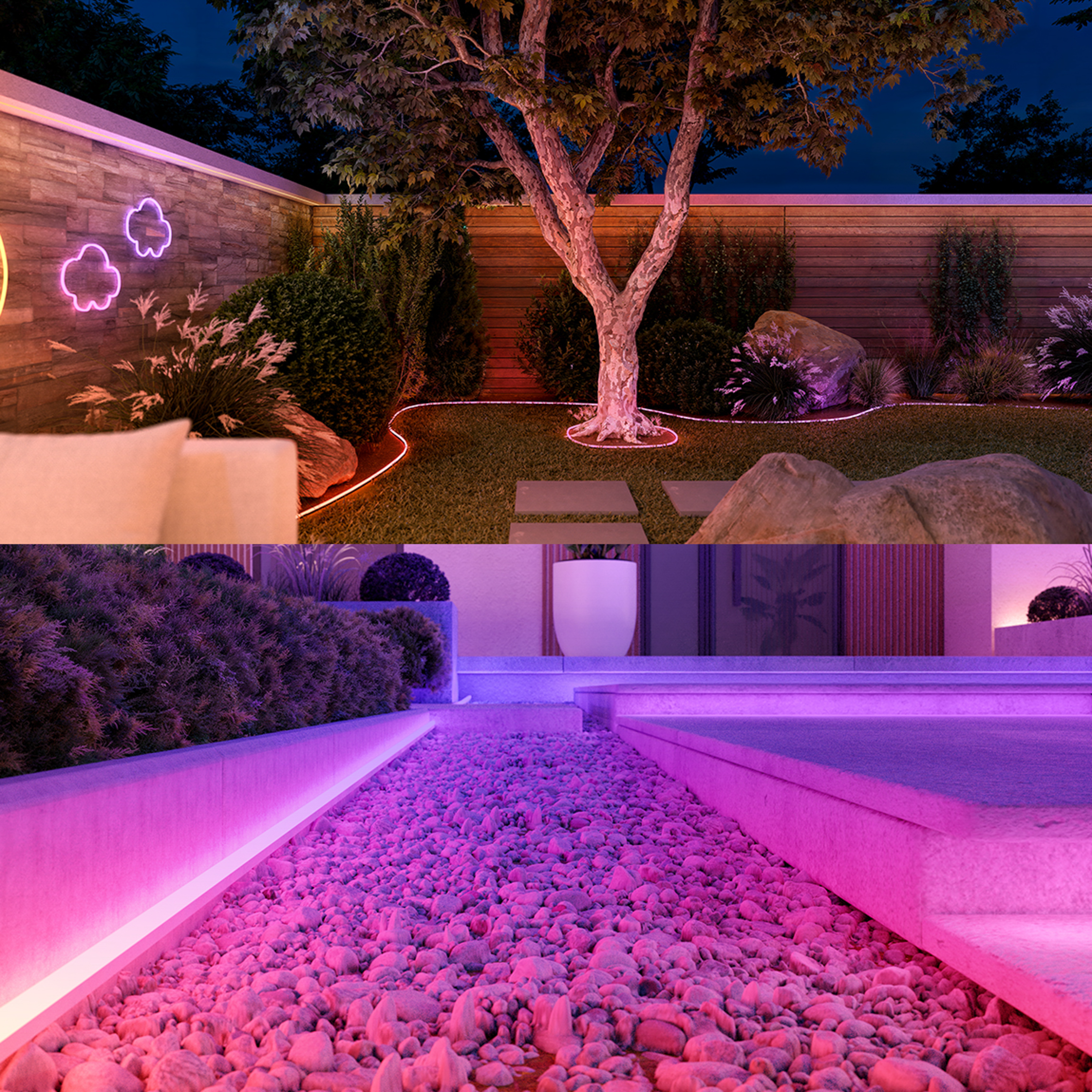 Moderno giardino notturno con illuminazione a LED rosa, alberi, pietre e dettagli luminosi al neon.