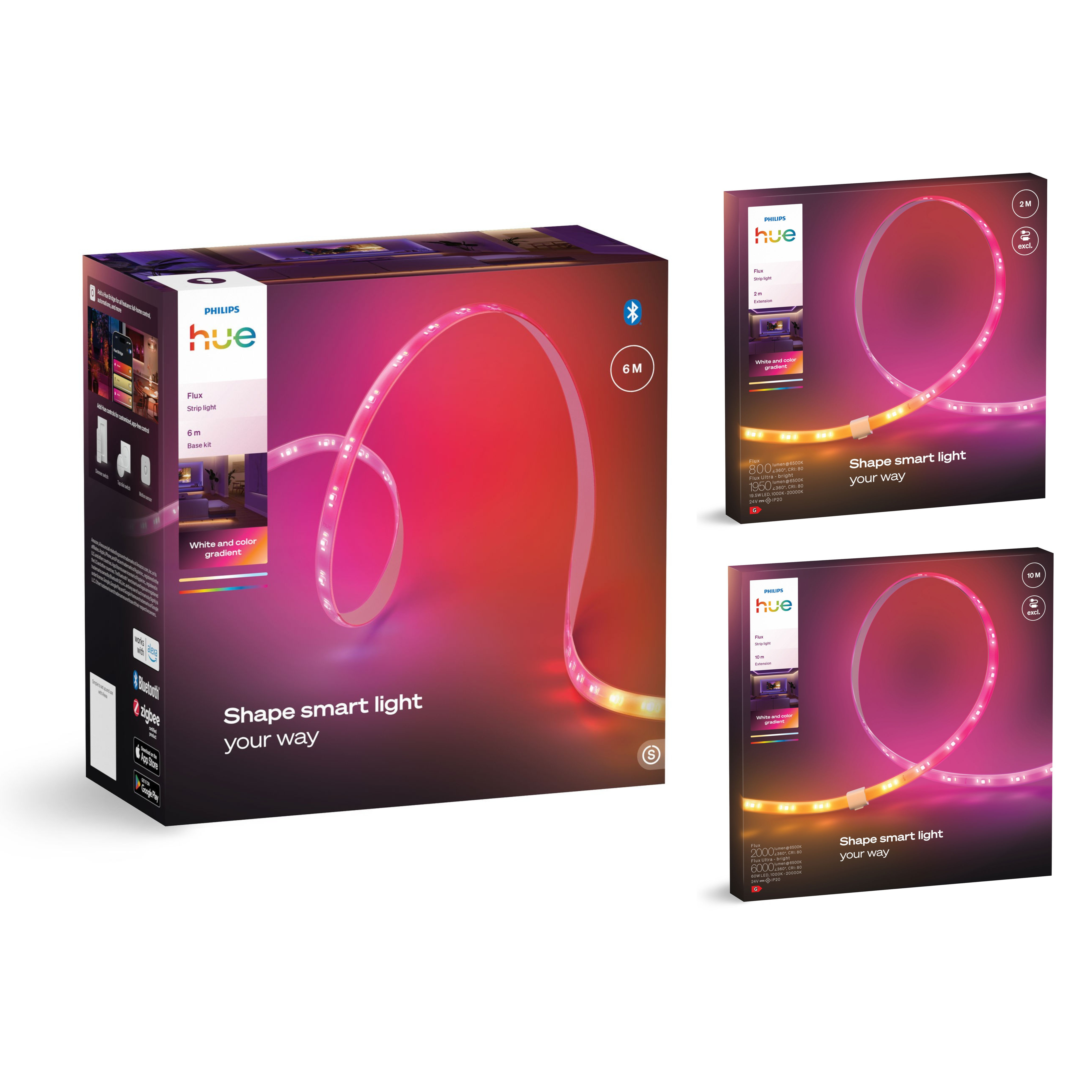 Tre scatole di strisce LED Philips Hue mostrano luci curve e luminose su sfondo scuro.