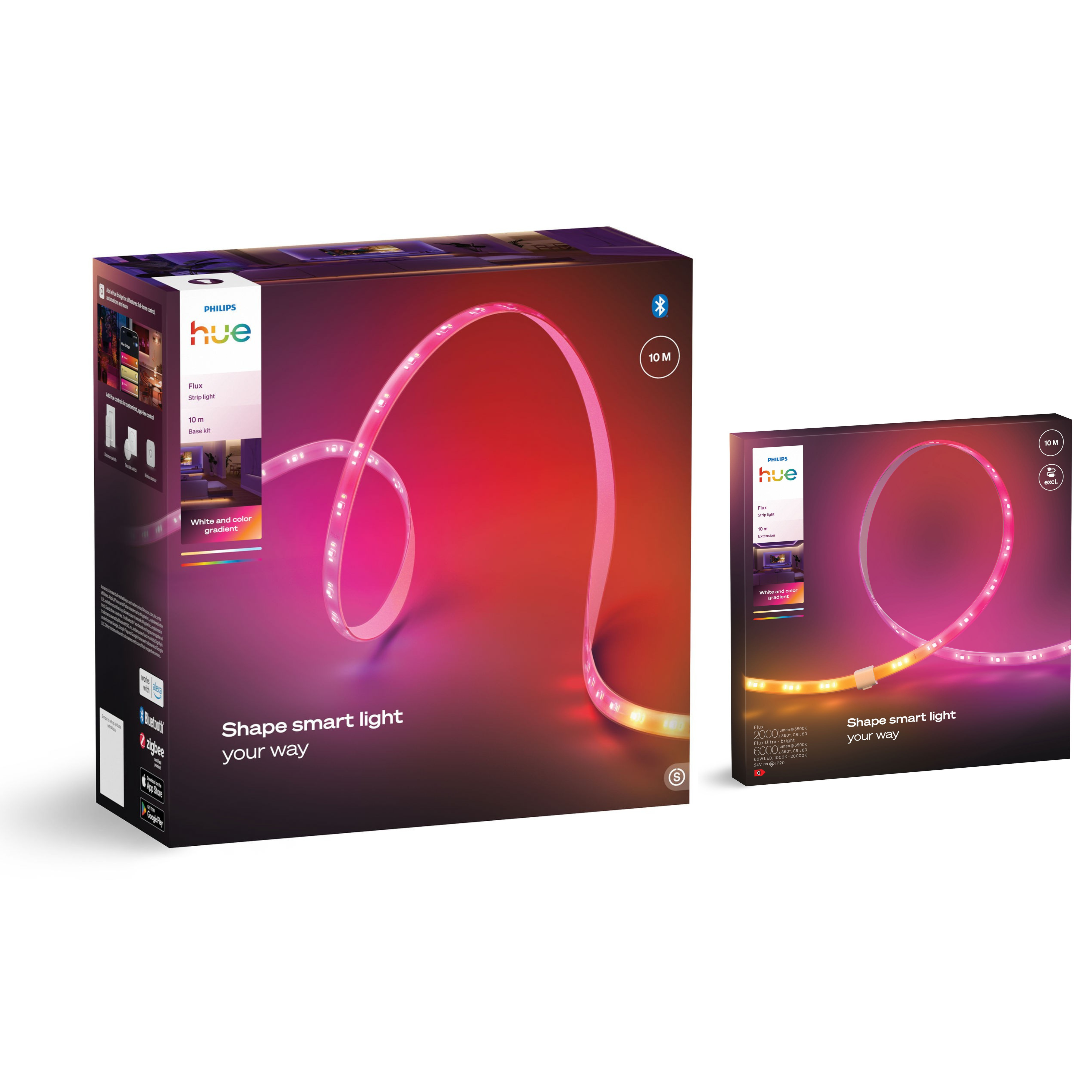 Due scatole di strisce luminose Philips Hue su sfondo bianco con luci rosa e arancioni luminose.