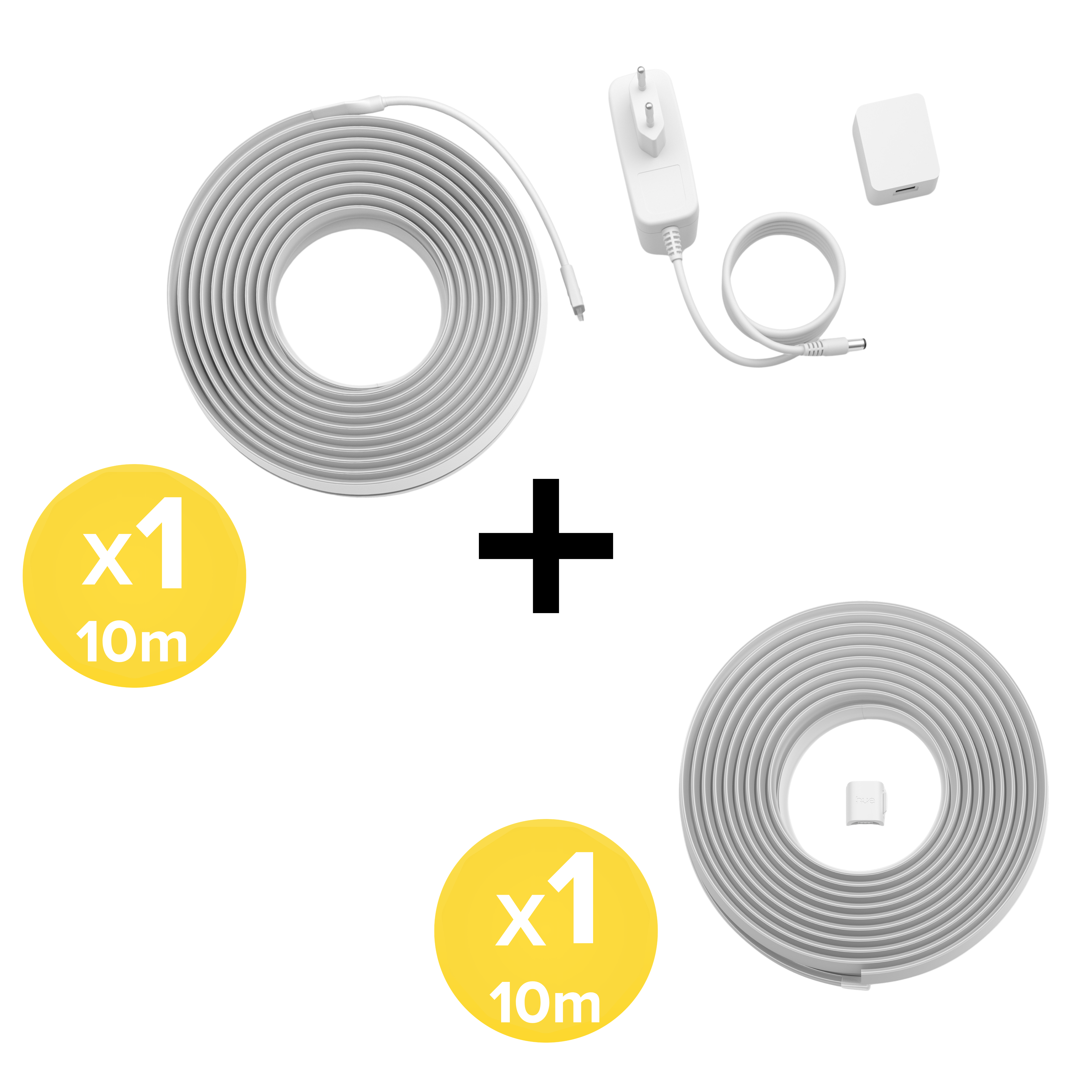 Due strisce LED bianche da 10m con alimentatore, spina e un segno più.