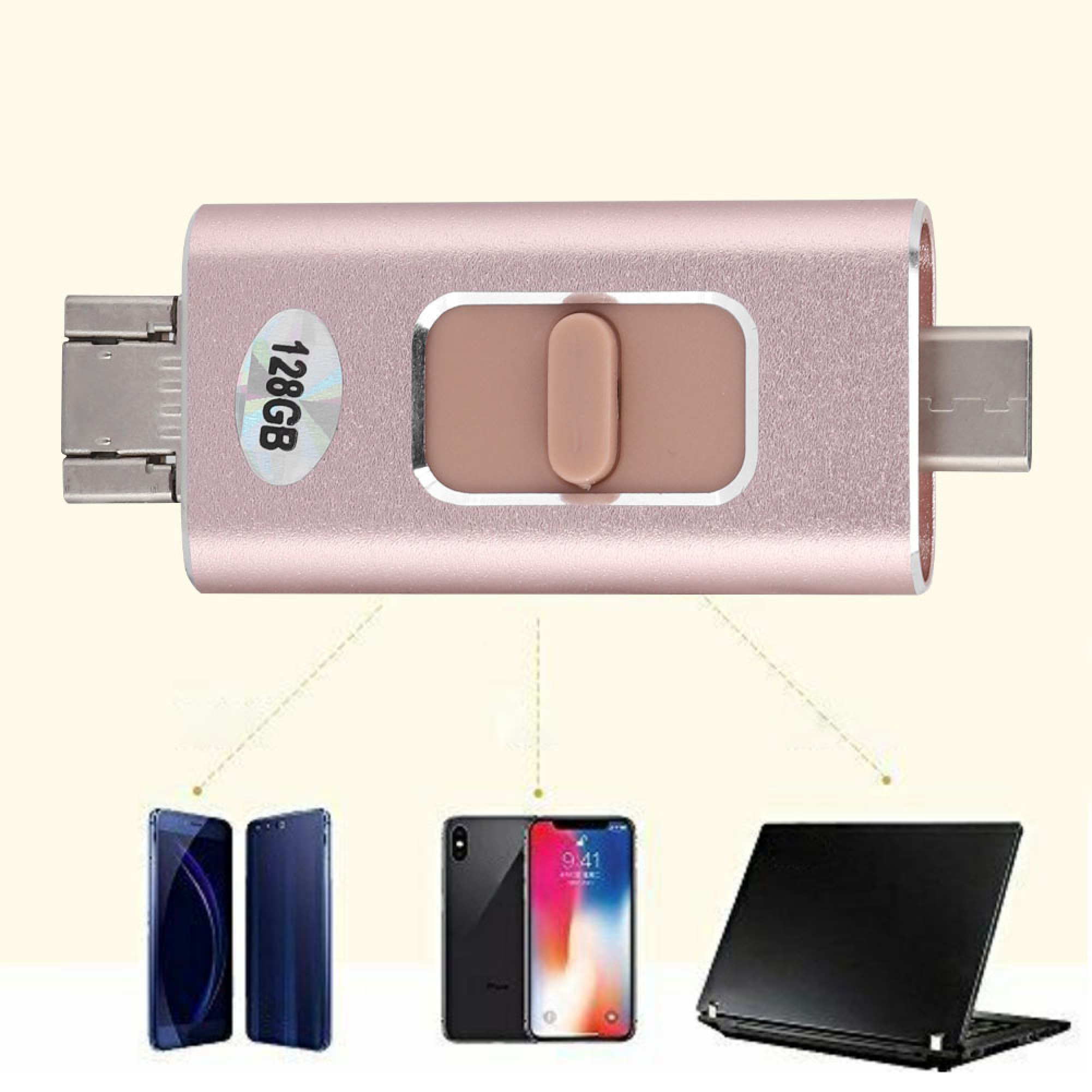 Ein rosafarbener 128 GB Multi-Anschluss-USB-Stick mit USB-C- und anderen Anschlüssen für Handys und Laptops.