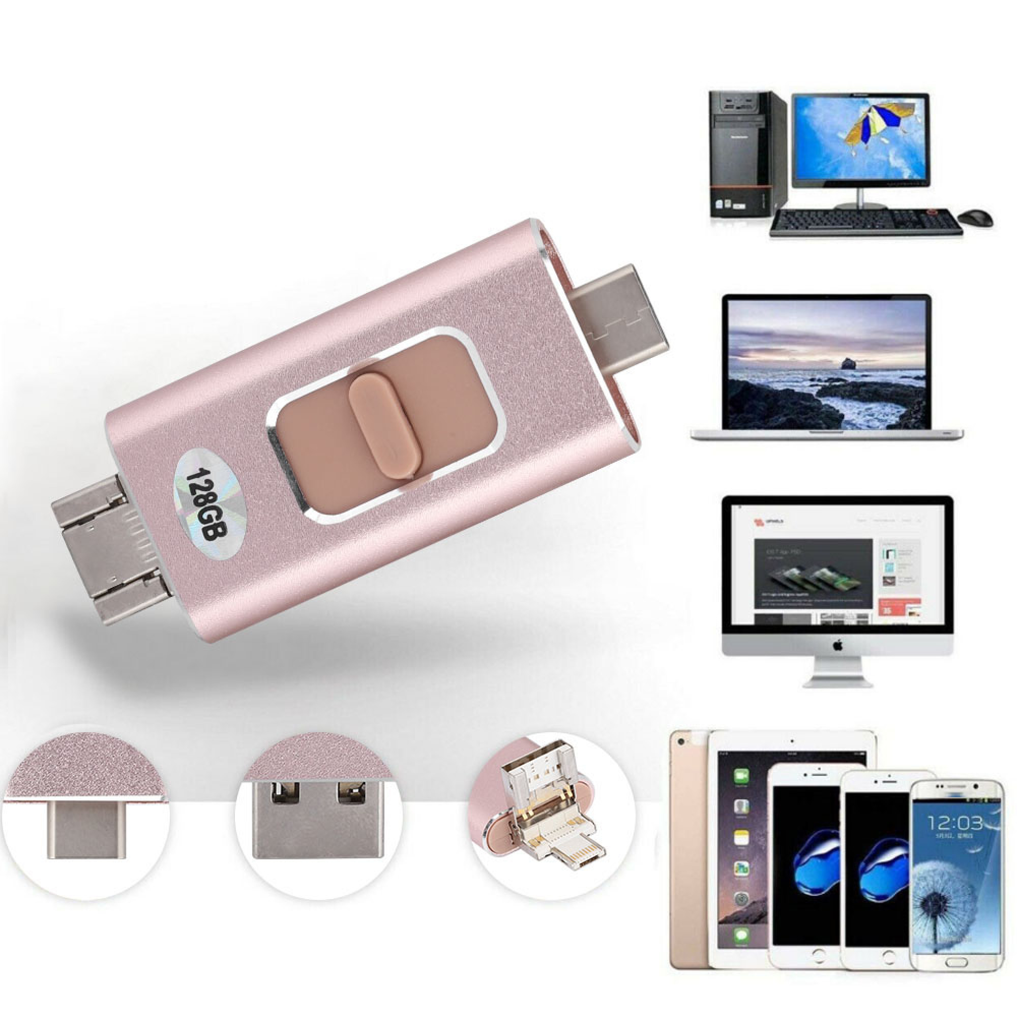 Ein rosafarbener 128-GB-Multi-Anschluss-USB-Stick, gezeigt mit verschiedenen kompatiblen Geräten.