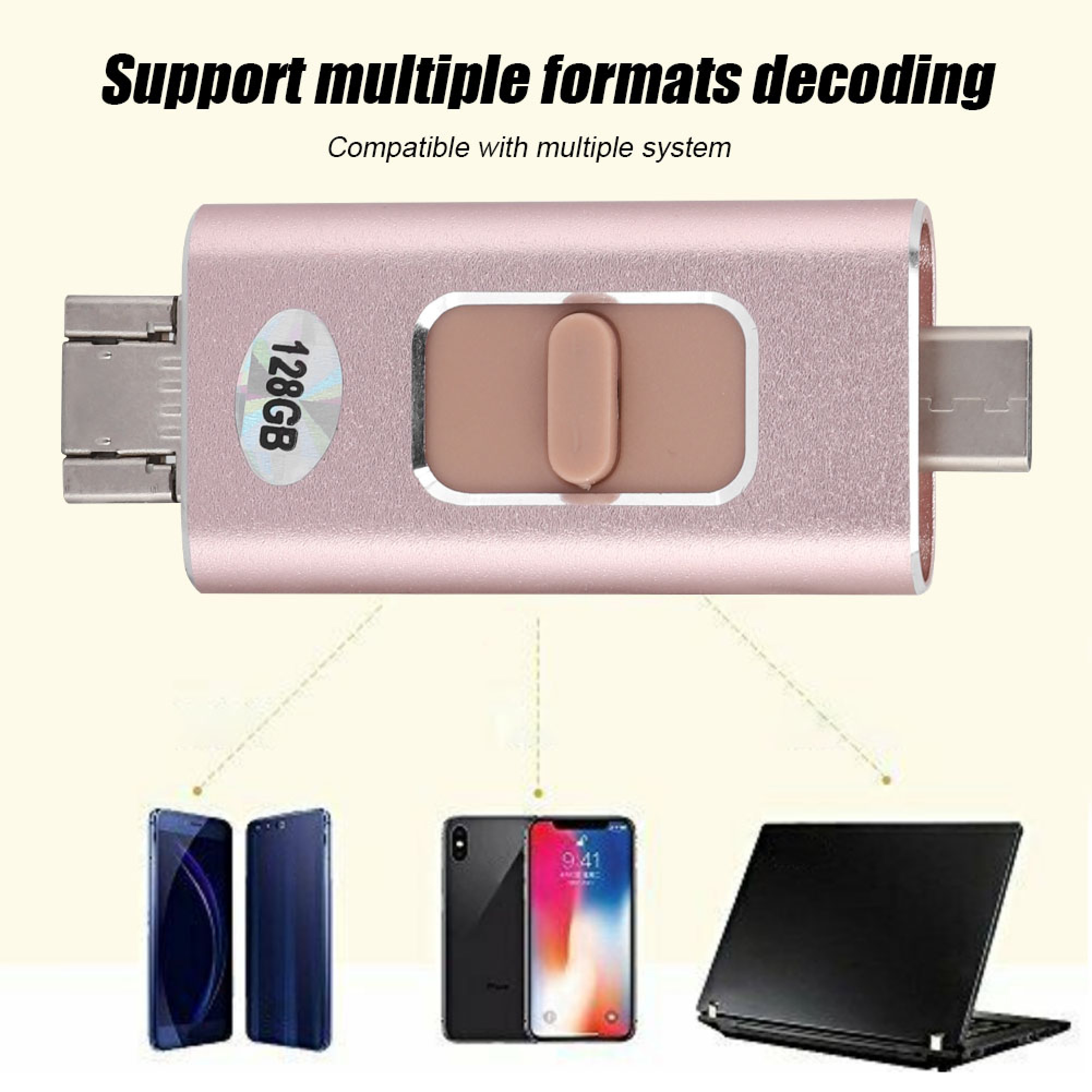 Rosa USB-C-Adapter mit 128 GB, verbunden mit zwei Handys und einem Laptop.