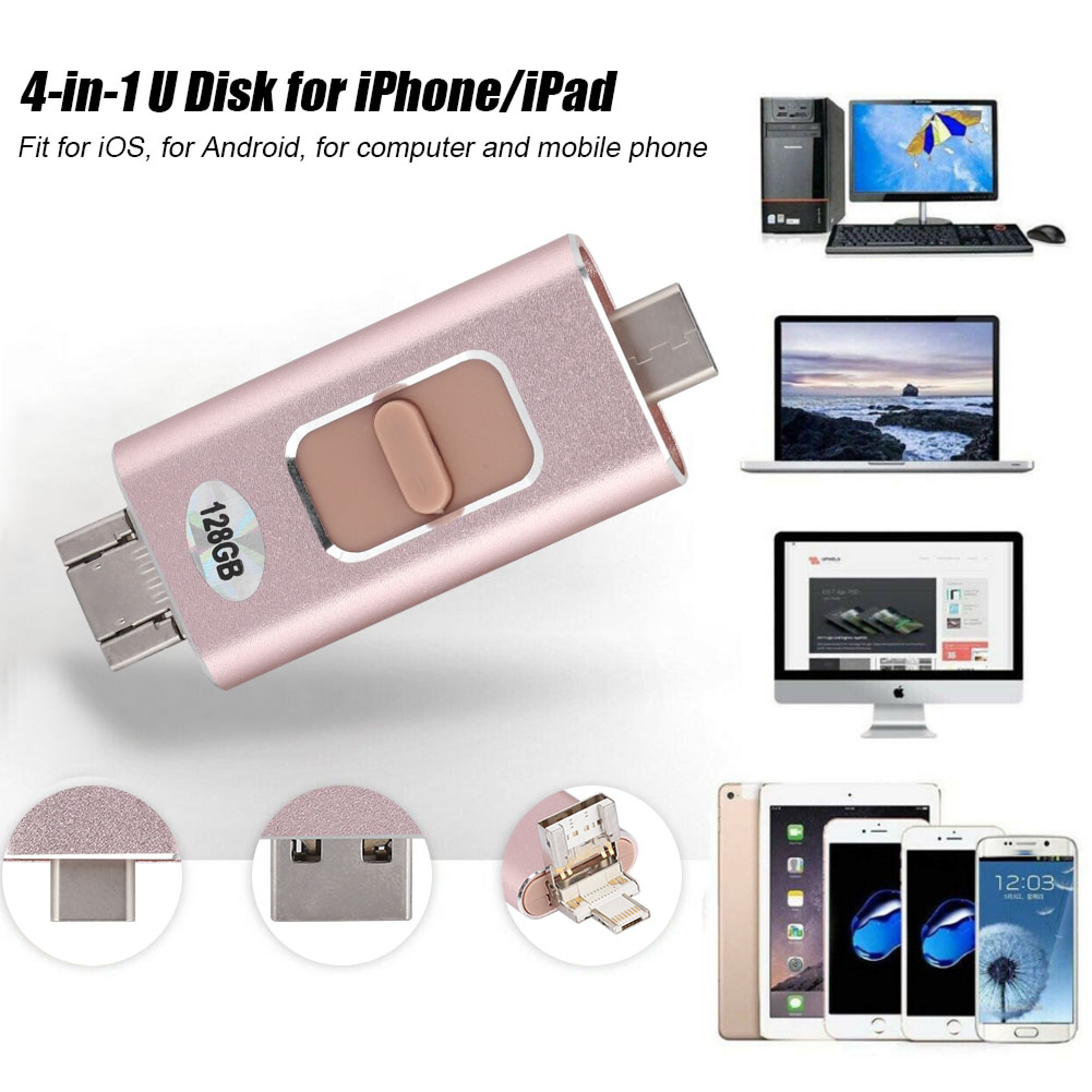 Ein rosafarbener 128GB 4-in-1 USB-Stick mit verschiedenen Anschlüssen, gezeigt mit kompatiblen Geräten.