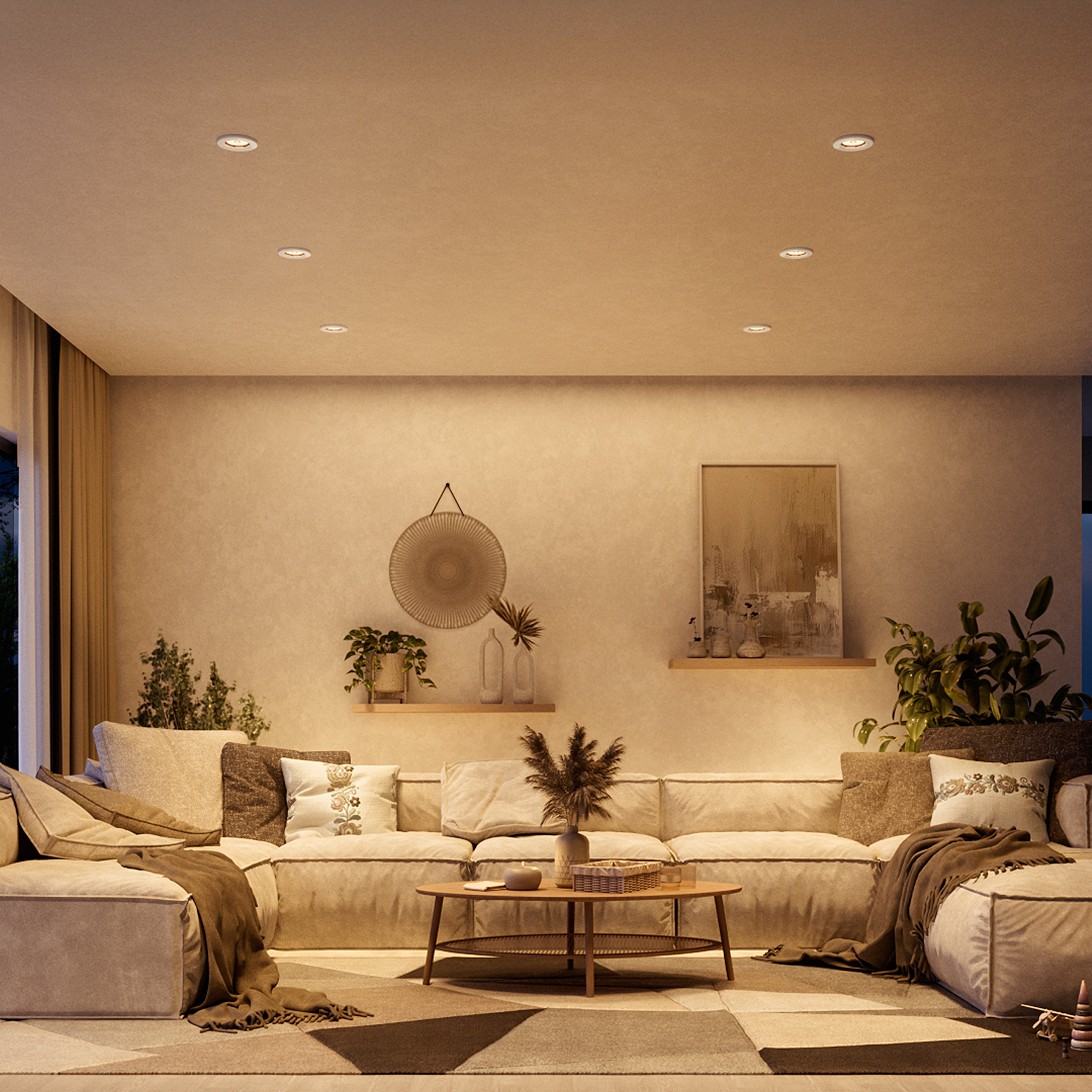 Accogliente soggiorno con divano componibile beige, tavolino in legno, piante e calda illuminazione da incasso.