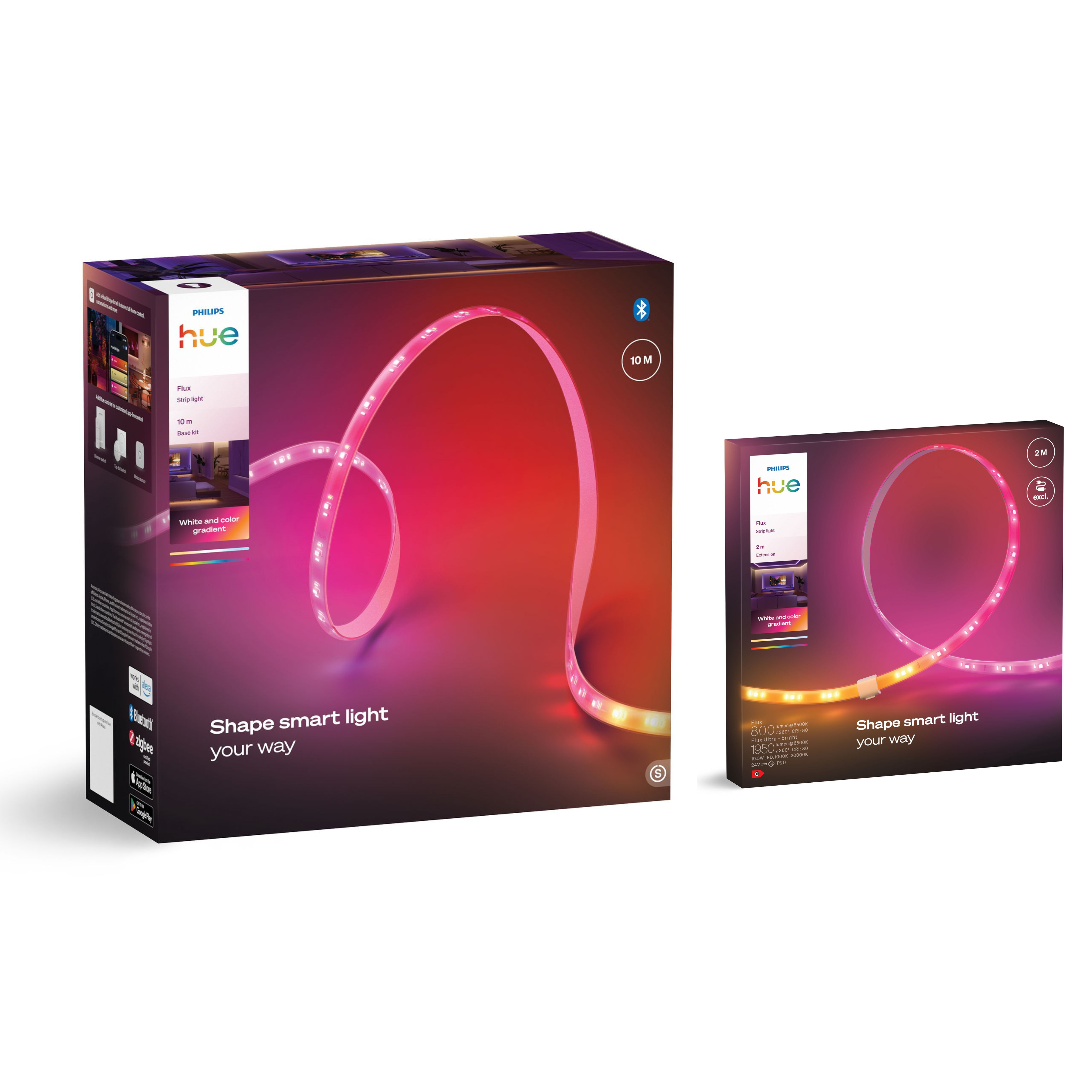 Confezione di strisce LED intelligenti Philips Hue con una striscia luminosa flessibile e colorata.