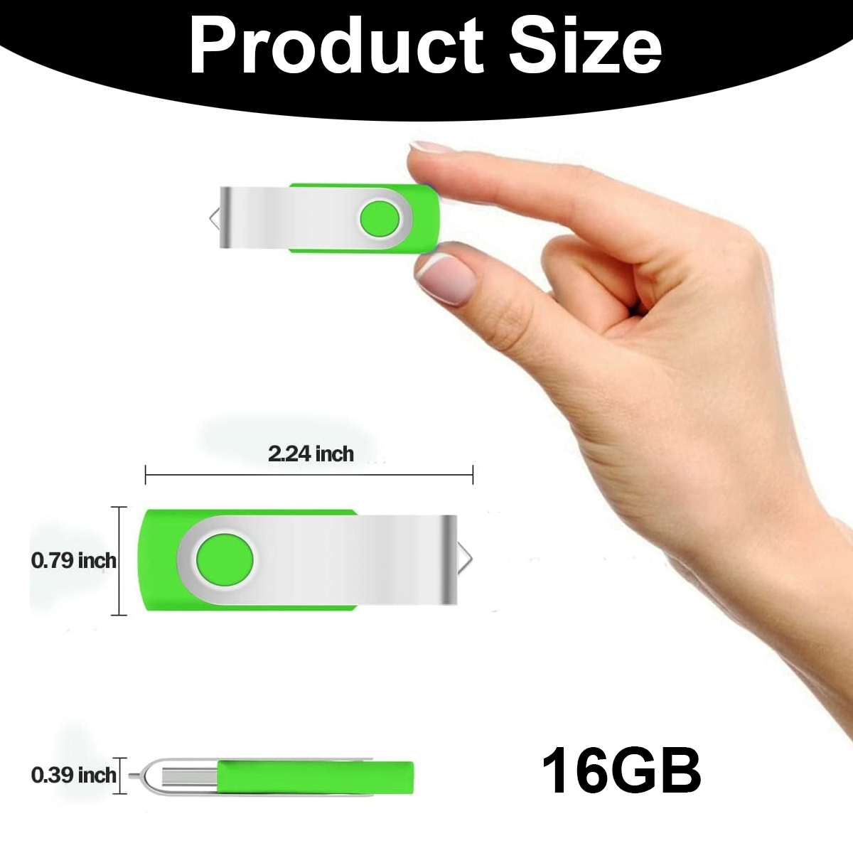 Hand hält grünen 16GB USB-Stick mit Maßangaben.