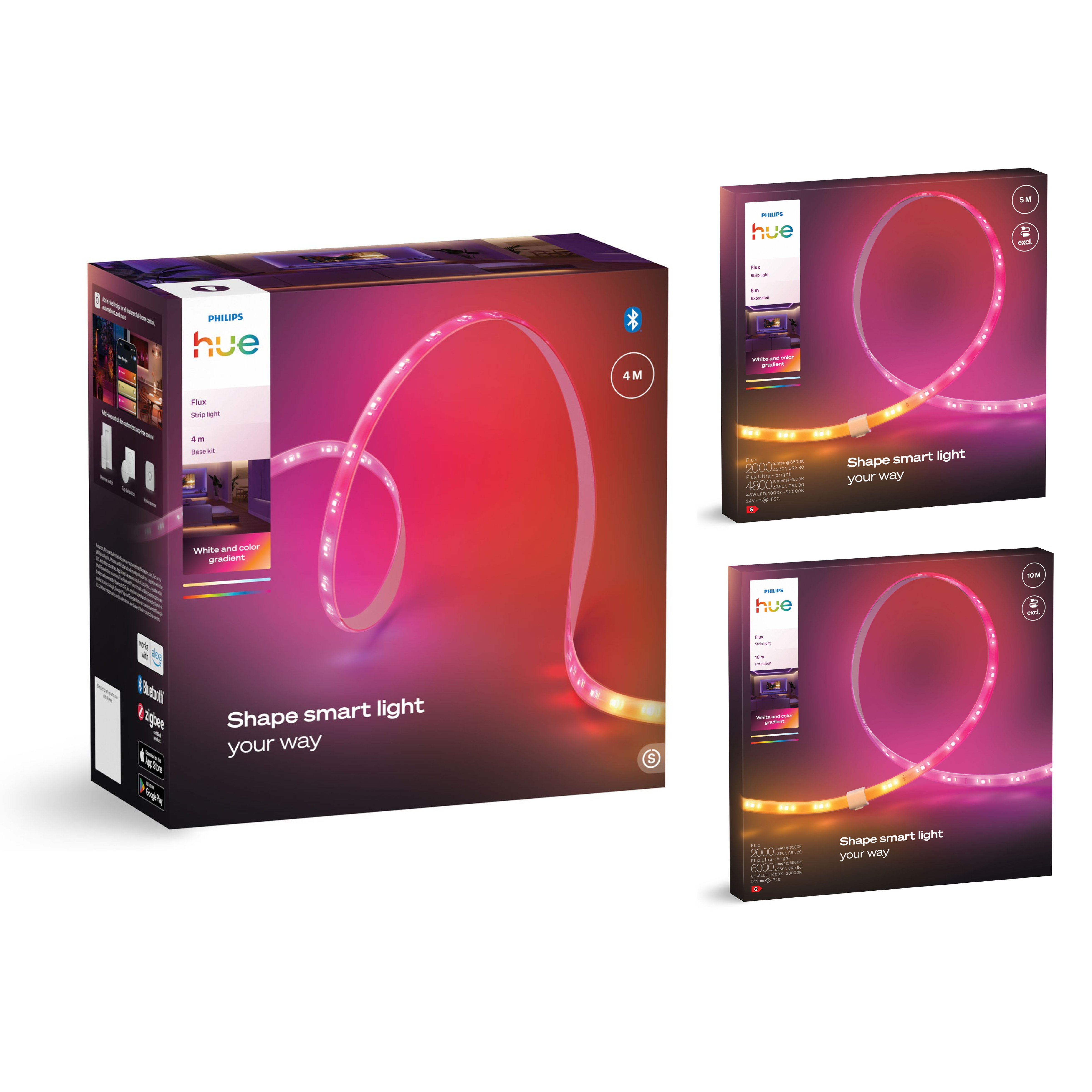 Confezione di strisce LED Philips Hue con una striscia di luce colorata ricurva su sfondo scuro.