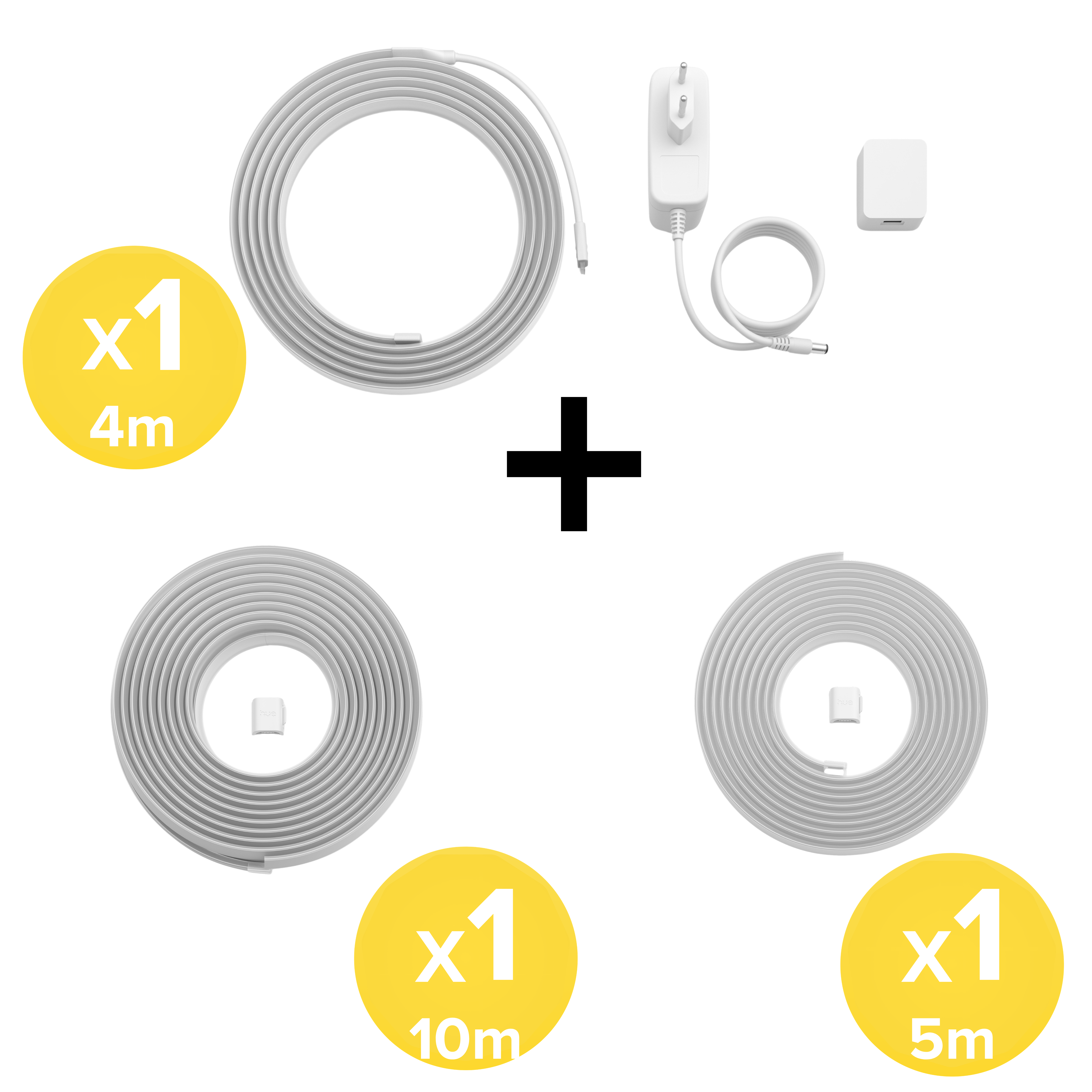 Set di tre strisce LED bianche da 4m, 5m e 10m con alimentatore e accessori.