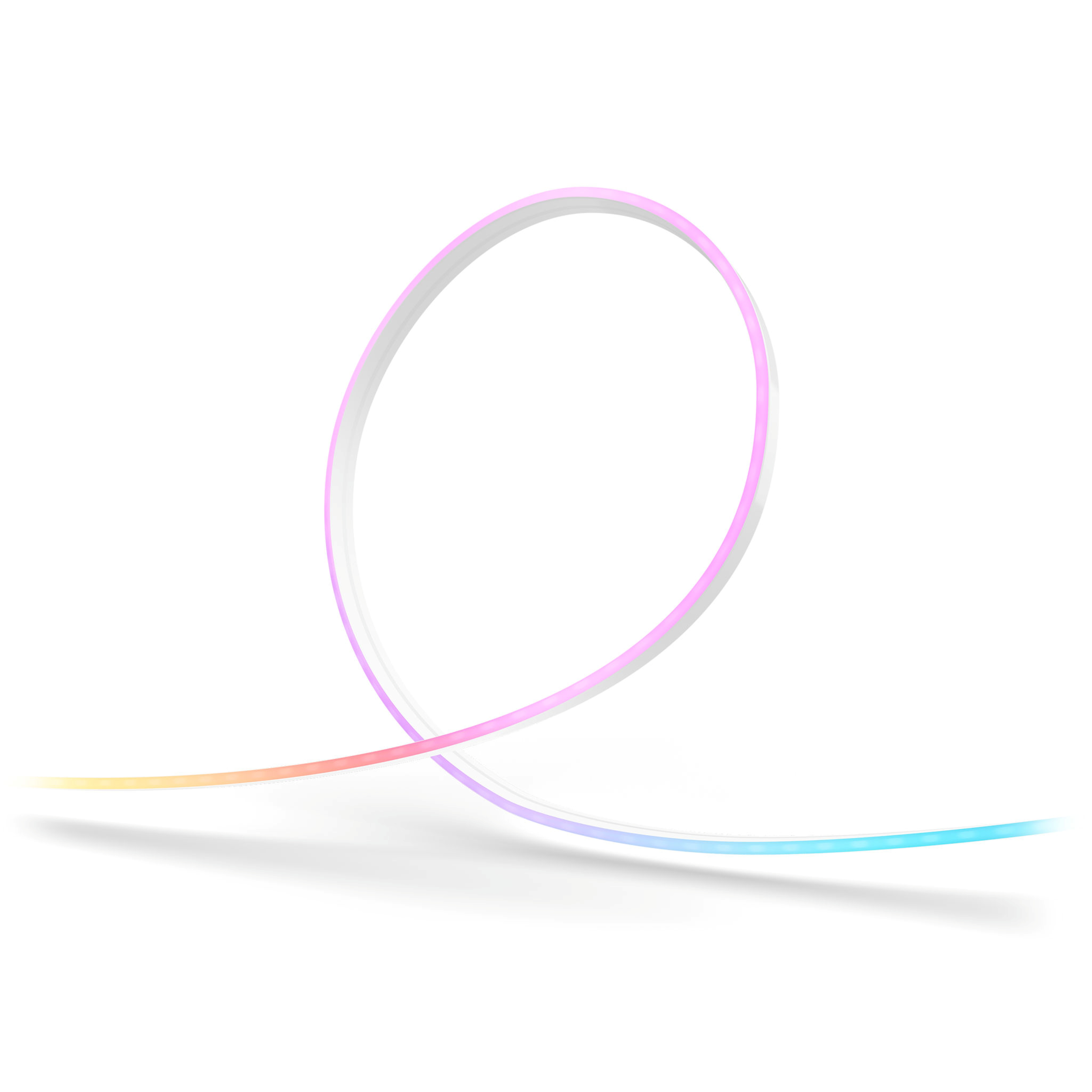 Una striscia LED curva e luminosa con sfumatura dal giallo al rosa e blu su sfondo bianco.